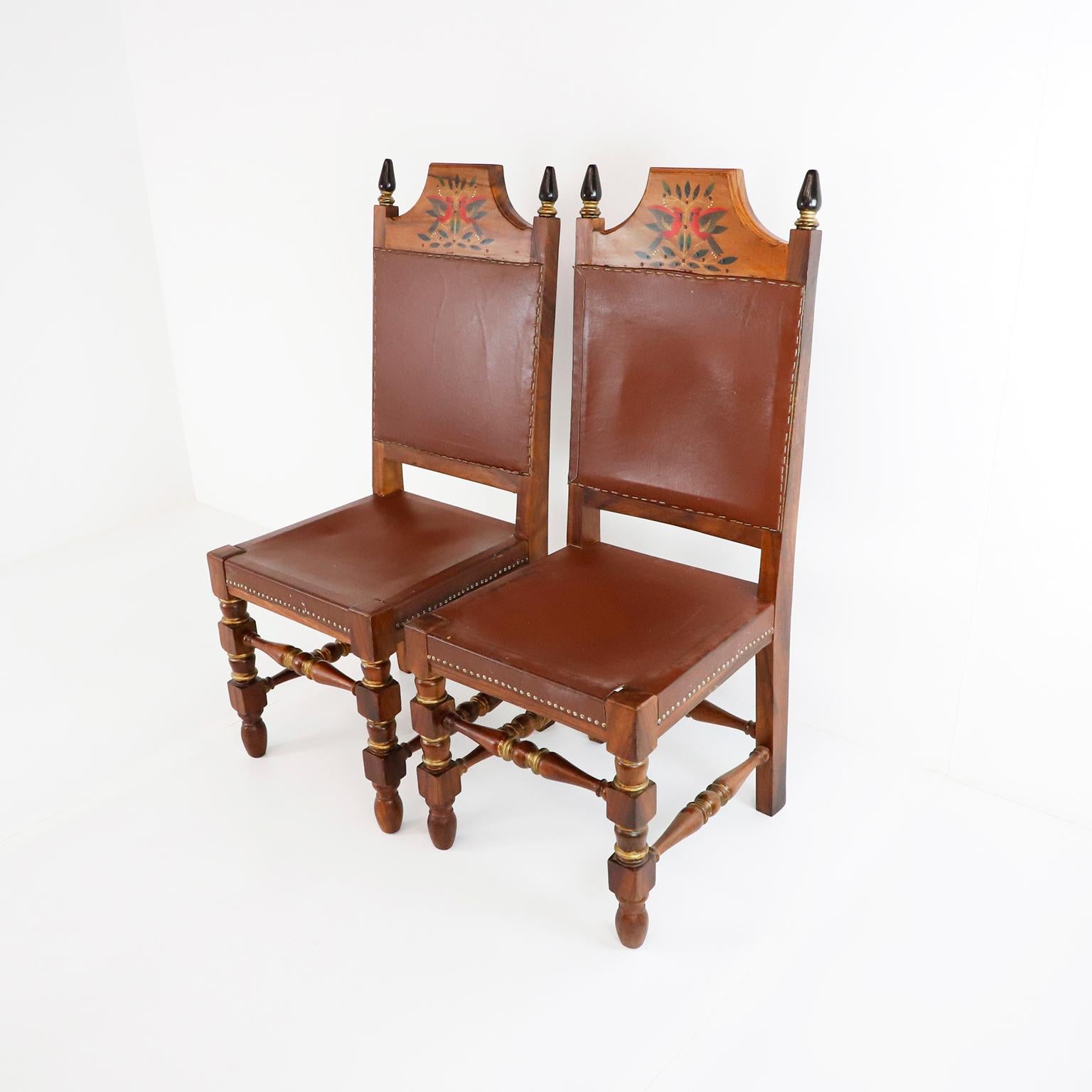 Circa 1960, We offer this fantastic Set of Four Mexican Chairs designed and hand painted by Alejandro Rangel Hidalgo, made in solid parota wood.

Alejandro Rangel Hidalgo (1923-2000) was a Mexican artist, graphic designer and artisan best known