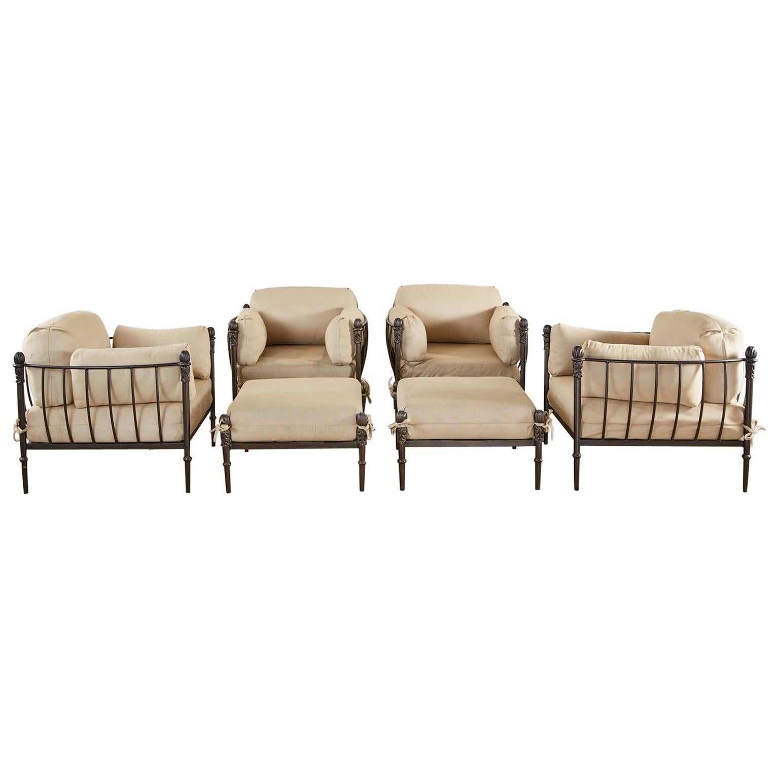 Set of Four Michael Taylor Bronzed Lounge Chairs with Ottomans
