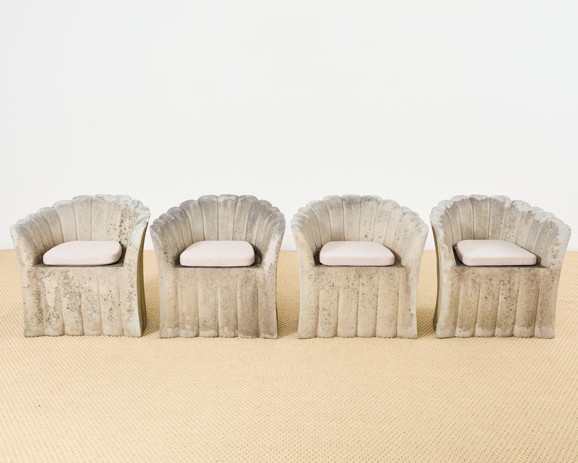 Hand-Crafted Set of Four Michael Taylor Style Faux Stone Tulip Garden Chairs