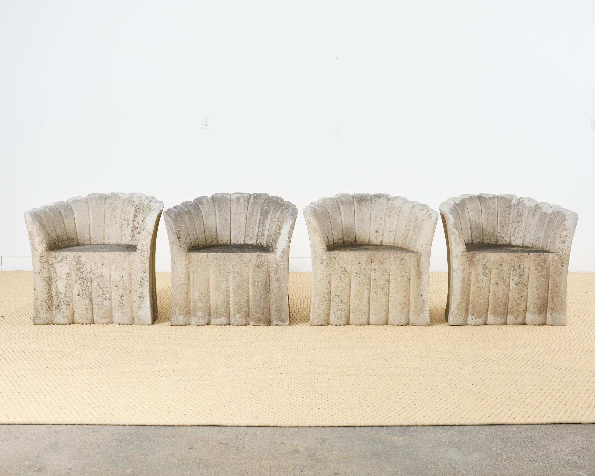 Set of Four Michael Taylor Style Faux Stone Tulip Garden Chairs In Distressed Condition In Rio Vista, CA
