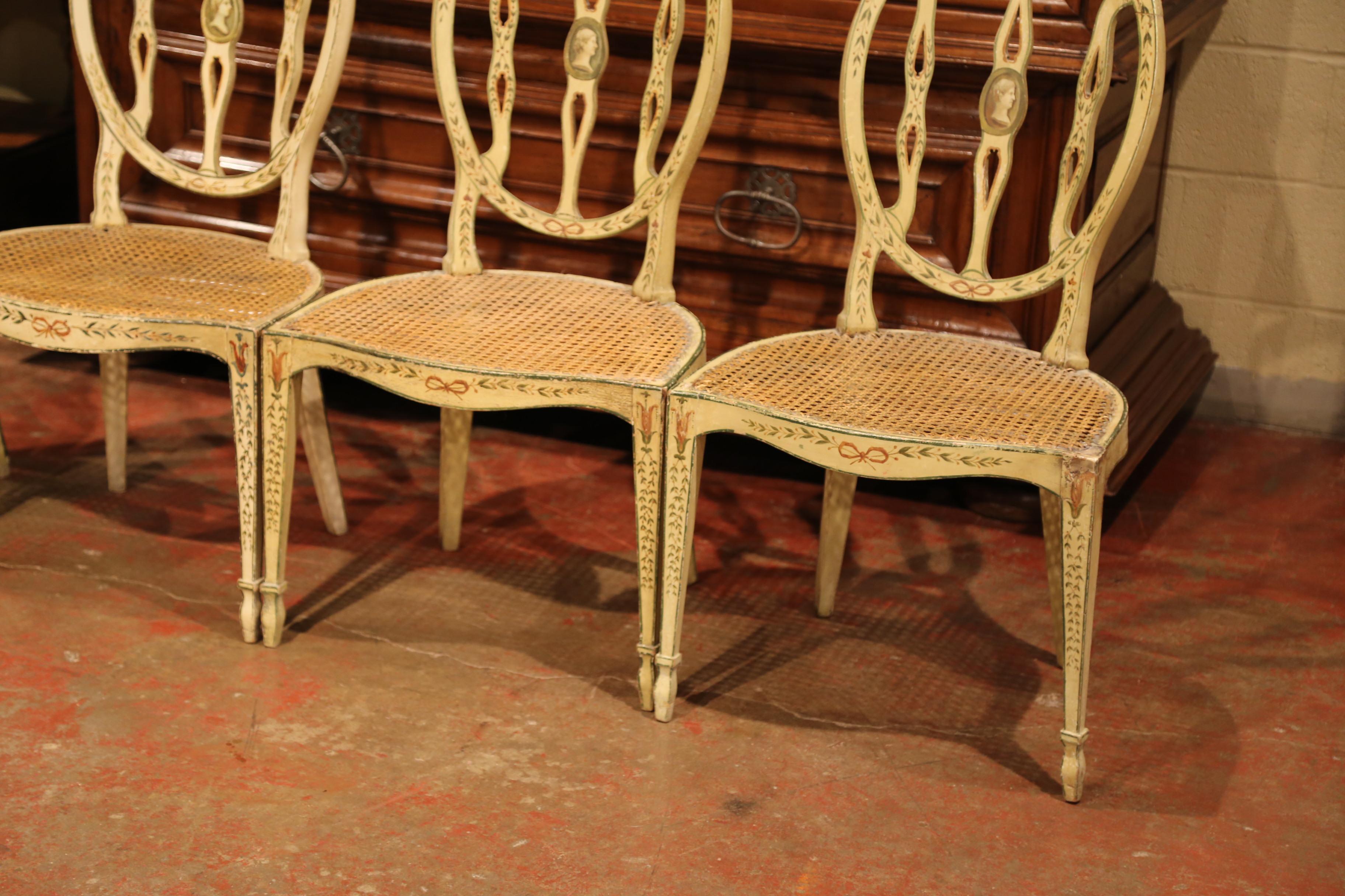 English Set of Four Mid-19th Century Hepplewhite Style Painted Chairs with Cane Seat