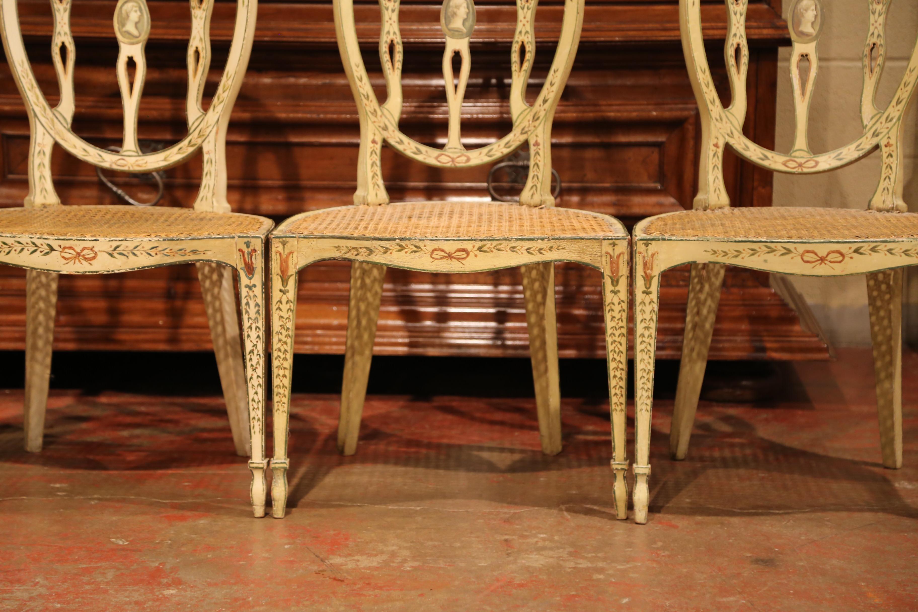 Hand-Carved Set of Four Mid-19th Century Hepplewhite Style Painted Chairs with Cane Seat
