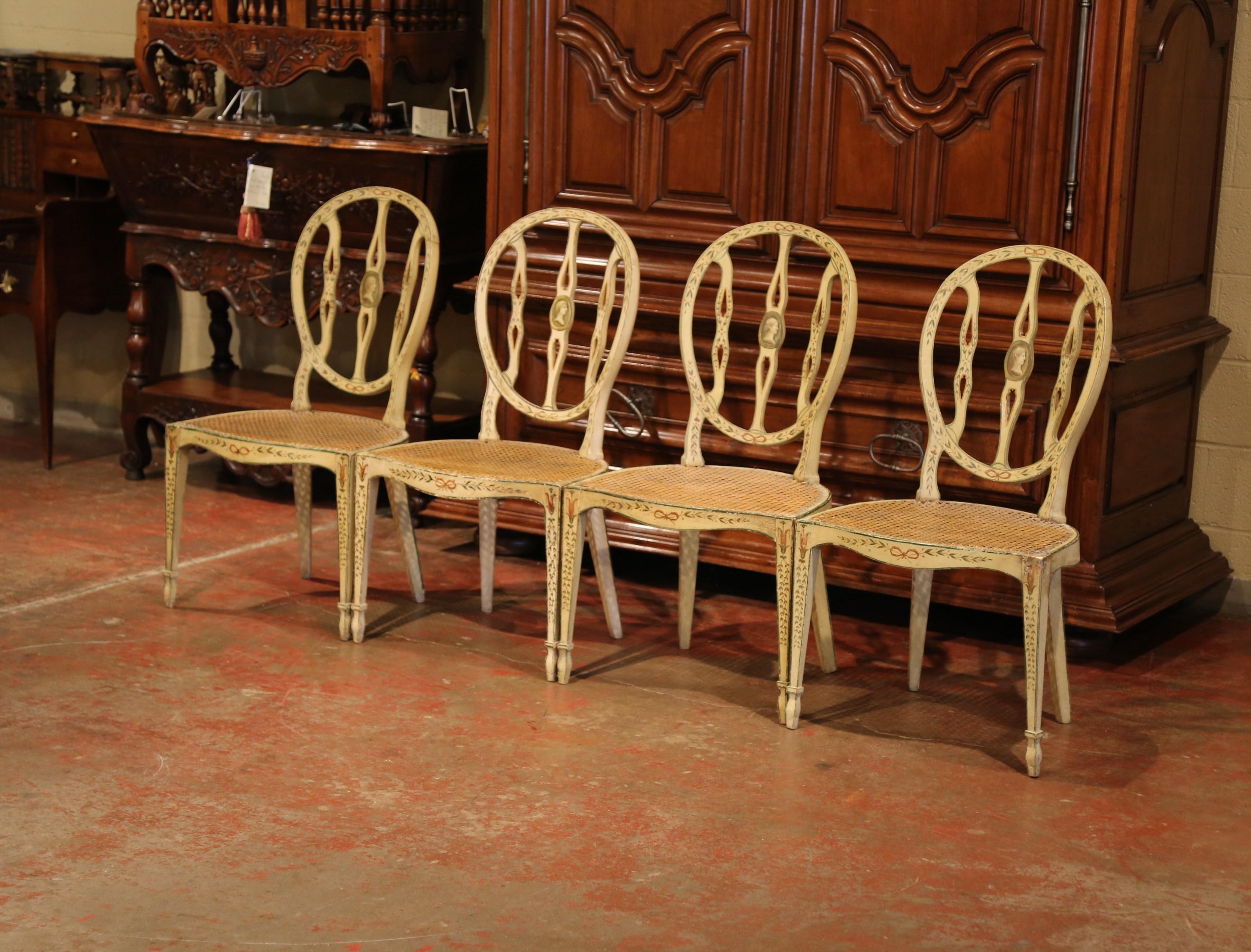 Set of Four Mid-19th Century Hepplewhite Style Painted Chairs with Cane Seat In Excellent Condition In Dallas, TX