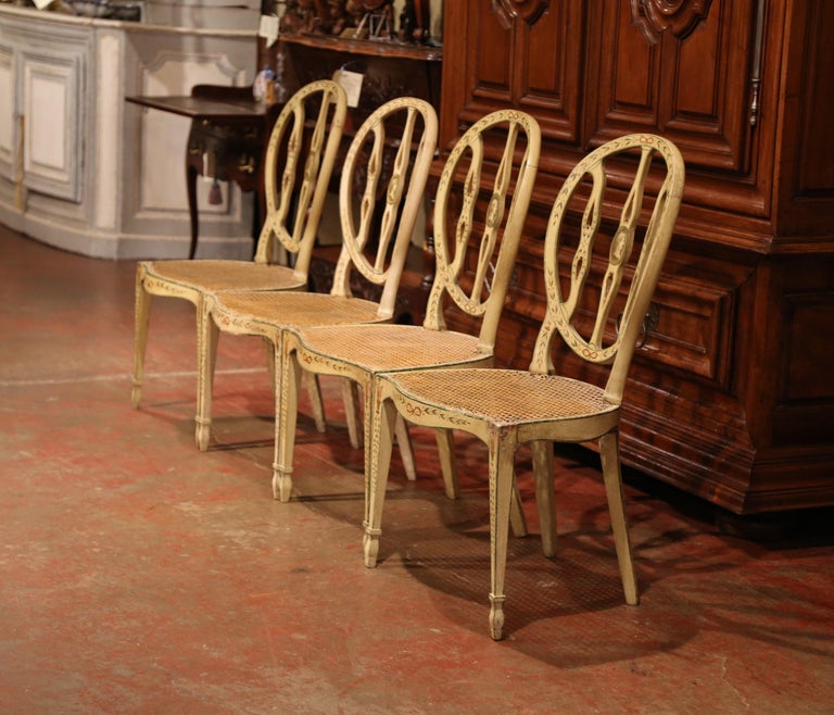 Set of Four Mid19th Century Hepplewhite Style Painted Chairs with Cane