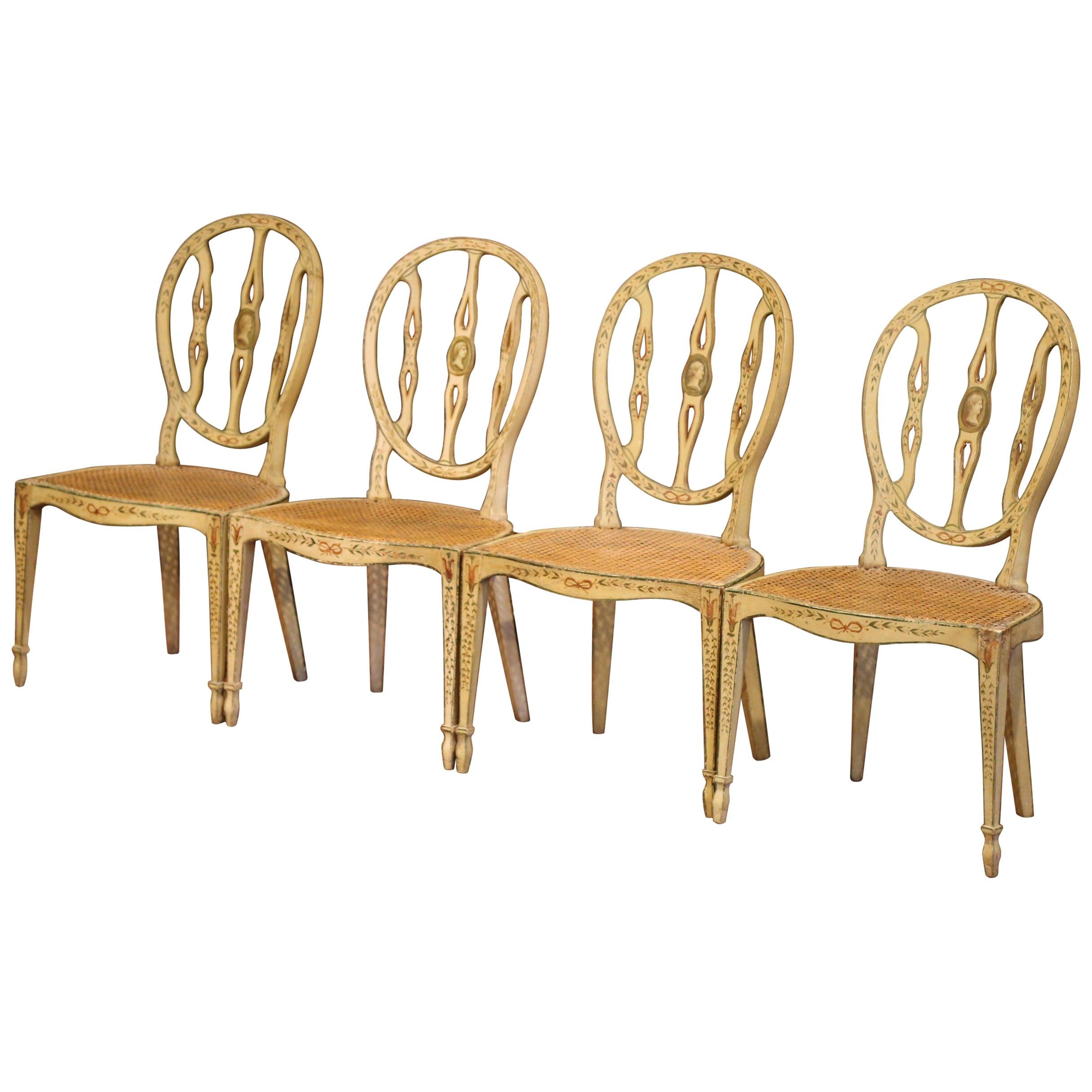 Set of Four Mid-19th Century Hepplewhite Style Painted Chairs with Cane Seat