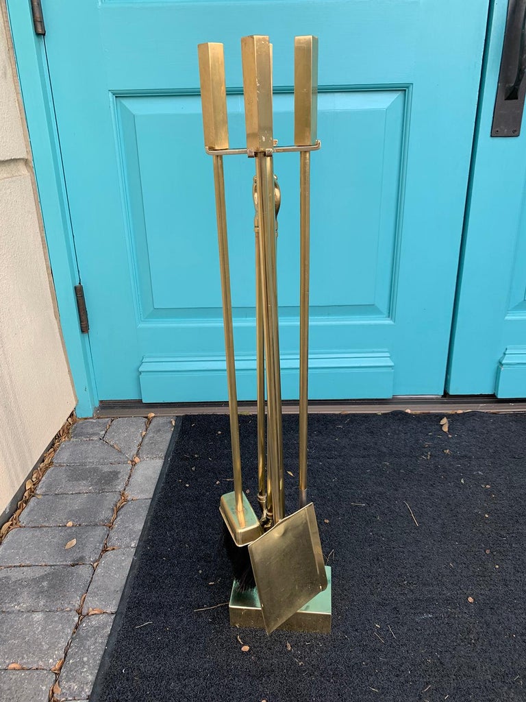 Set of Four Mid20th Century Brass Fire Tools on Stand at 1stDibs