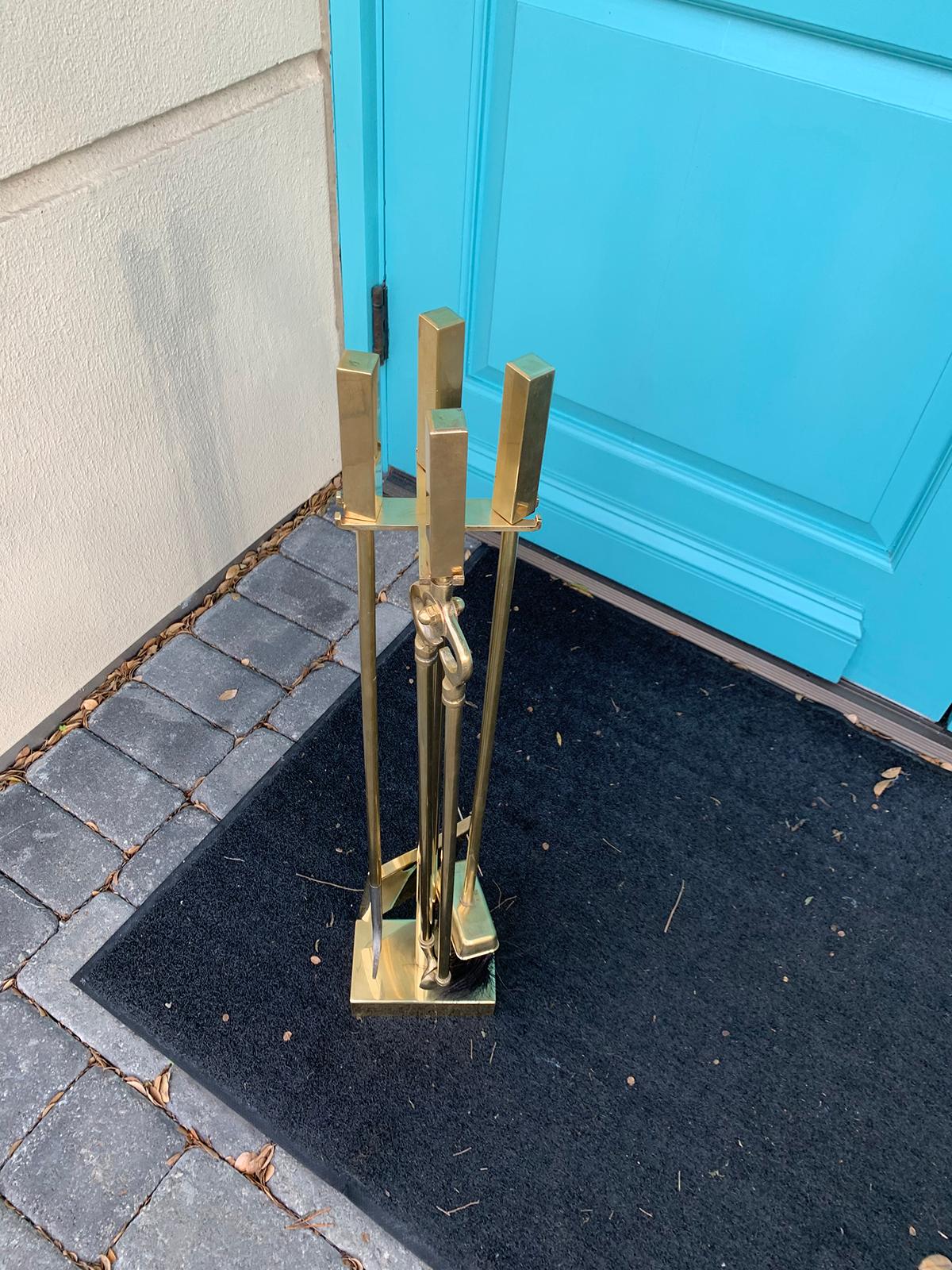 Set of Four Mid-20th Century Brass Fire Tools on Stand 10