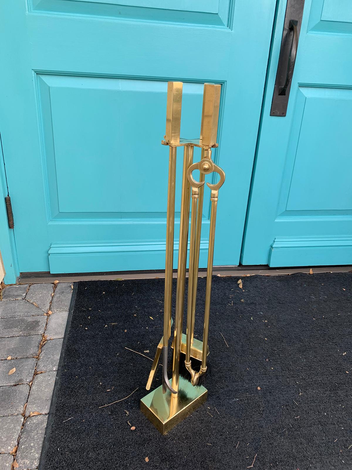 Set of Four Mid-20th Century Brass Fire Tools on Stand 11