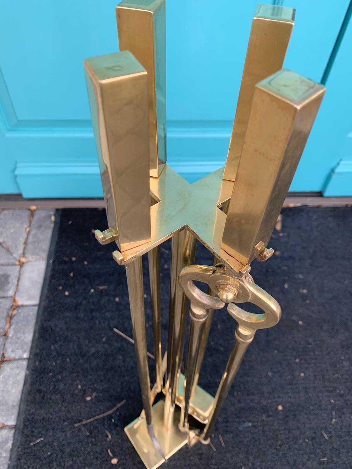 Set of Four Mid-20th Century Brass Fire Tools on Stand 12