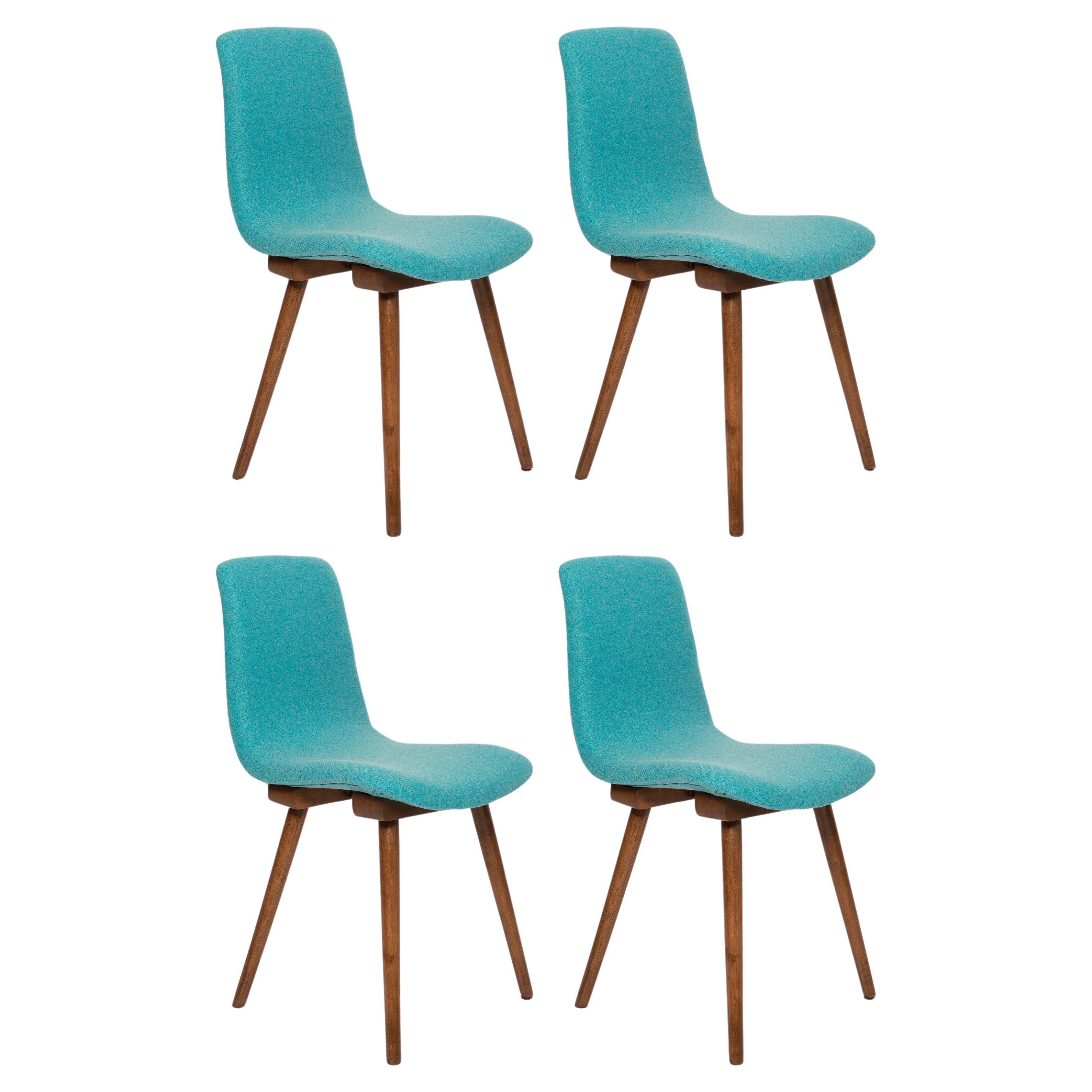 Set of Four Mid Century Acqua Wool Vintage Chairs, Fameg Factory, Europe, 1960s