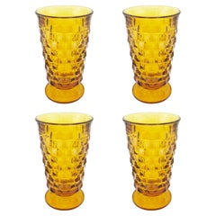 Set of Four Mid-Century Amber Glass Goblets in Textured Honeycomb Pattern