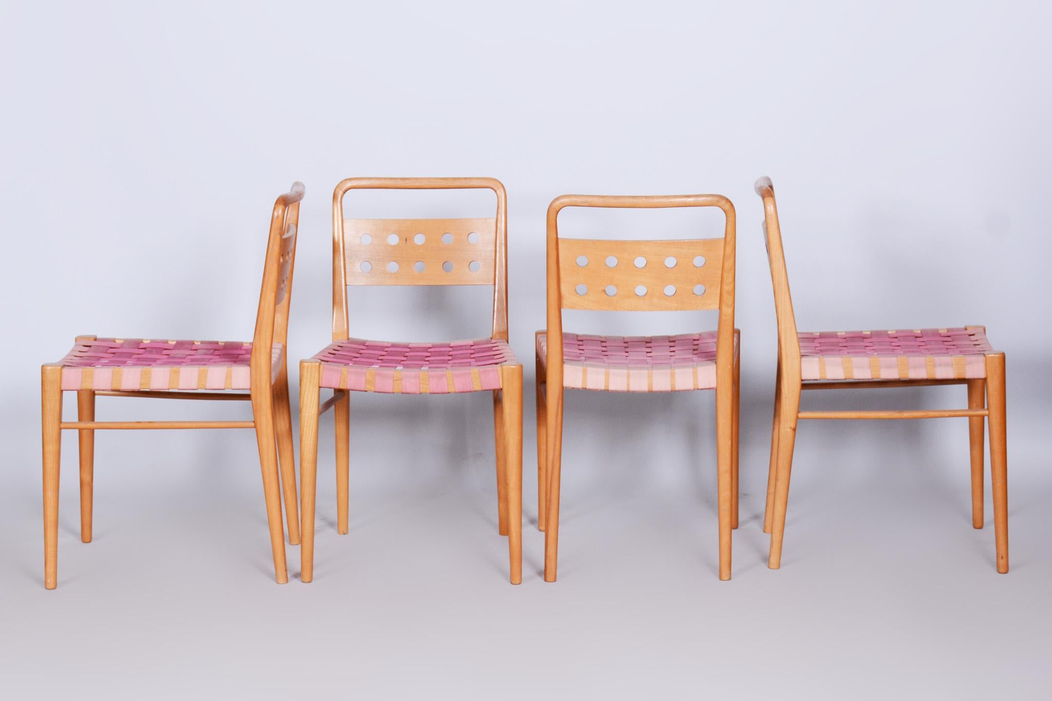 Mid-Century Modern Set of Four Midcentury Ash Dining Chairs, Original Condition, Czechia, 1950s For Sale