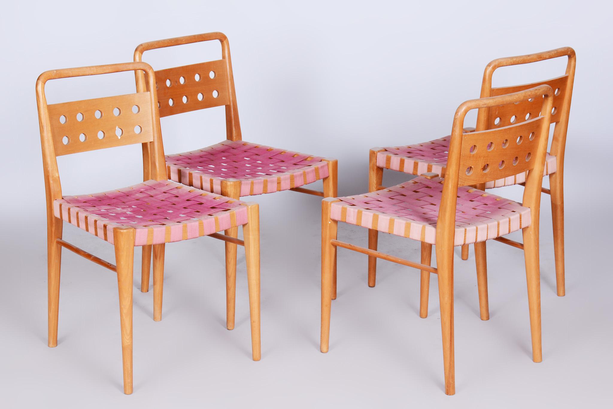 20th Century Set of Four Midcentury Ash Dining Chairs, Original Condition, Czechia, 1950s For Sale