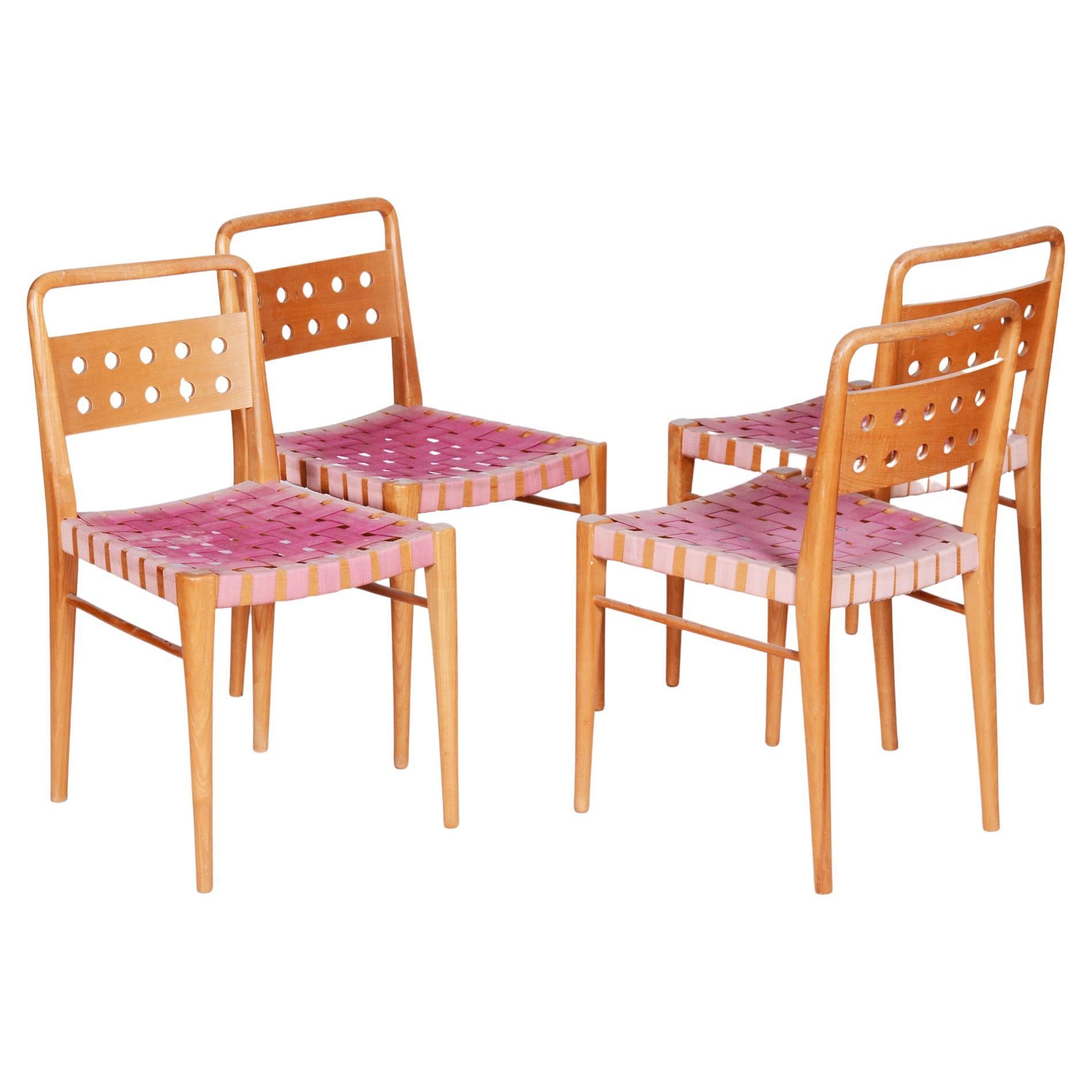 Set of Four Midcentury Ash Dining Chairs, Original Condition, Czechia, 1950s For Sale
