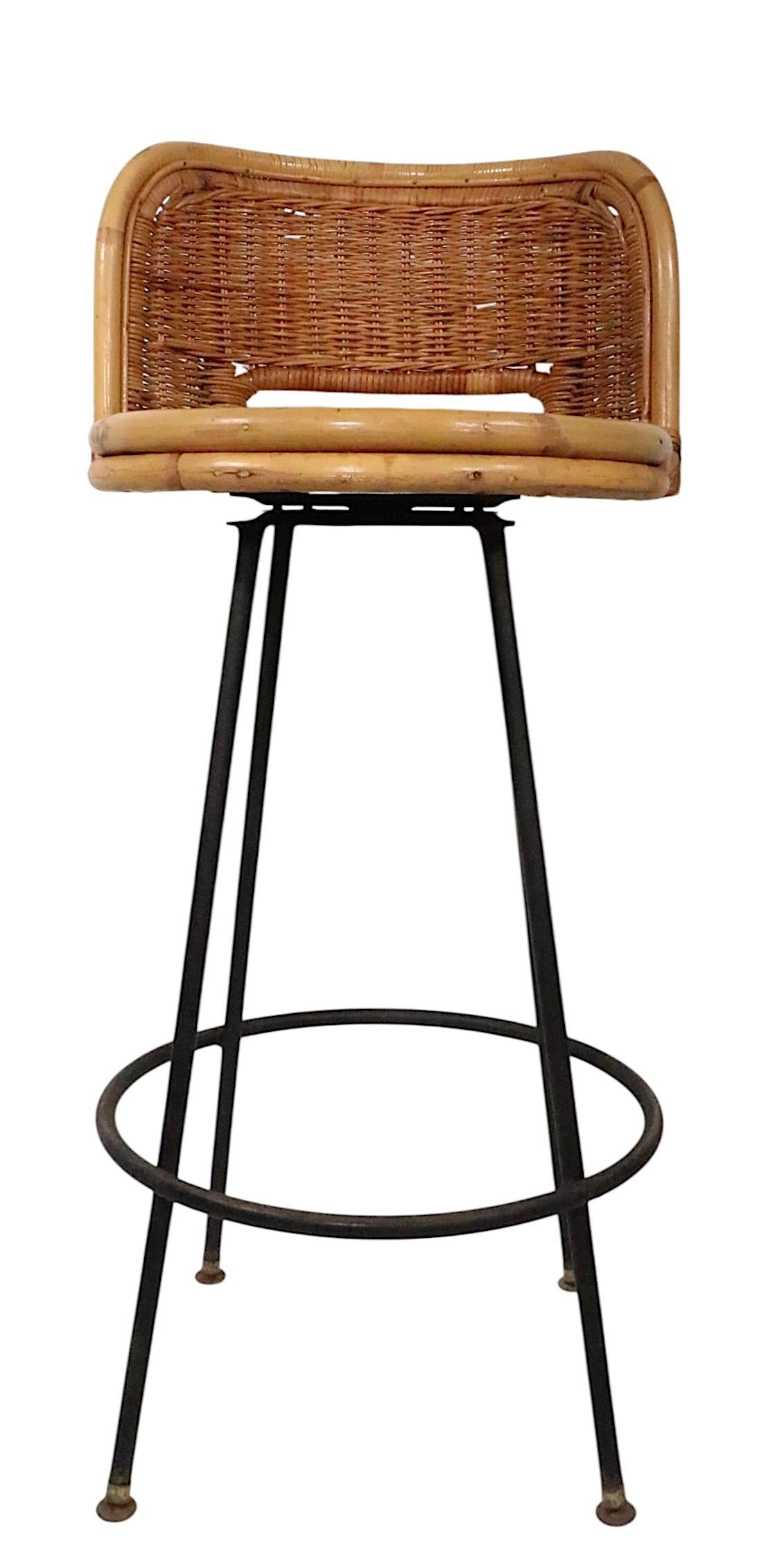 Set of Four Mid Century Bamboo and Iron  Swivel Bar Stools att. to Danny Ho Fong For Sale 7