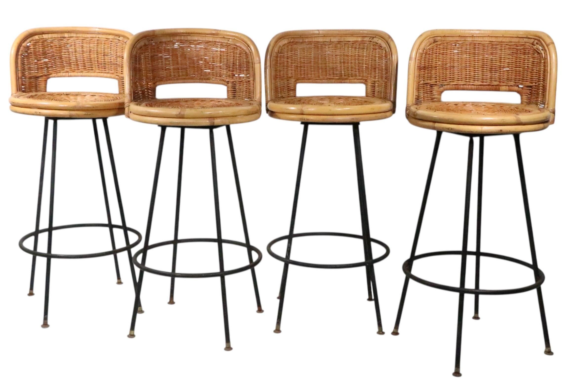 Set of Four Mid Century Bamboo and Iron  Swivel Bar Stools att. to Danny Ho Fong For Sale 9