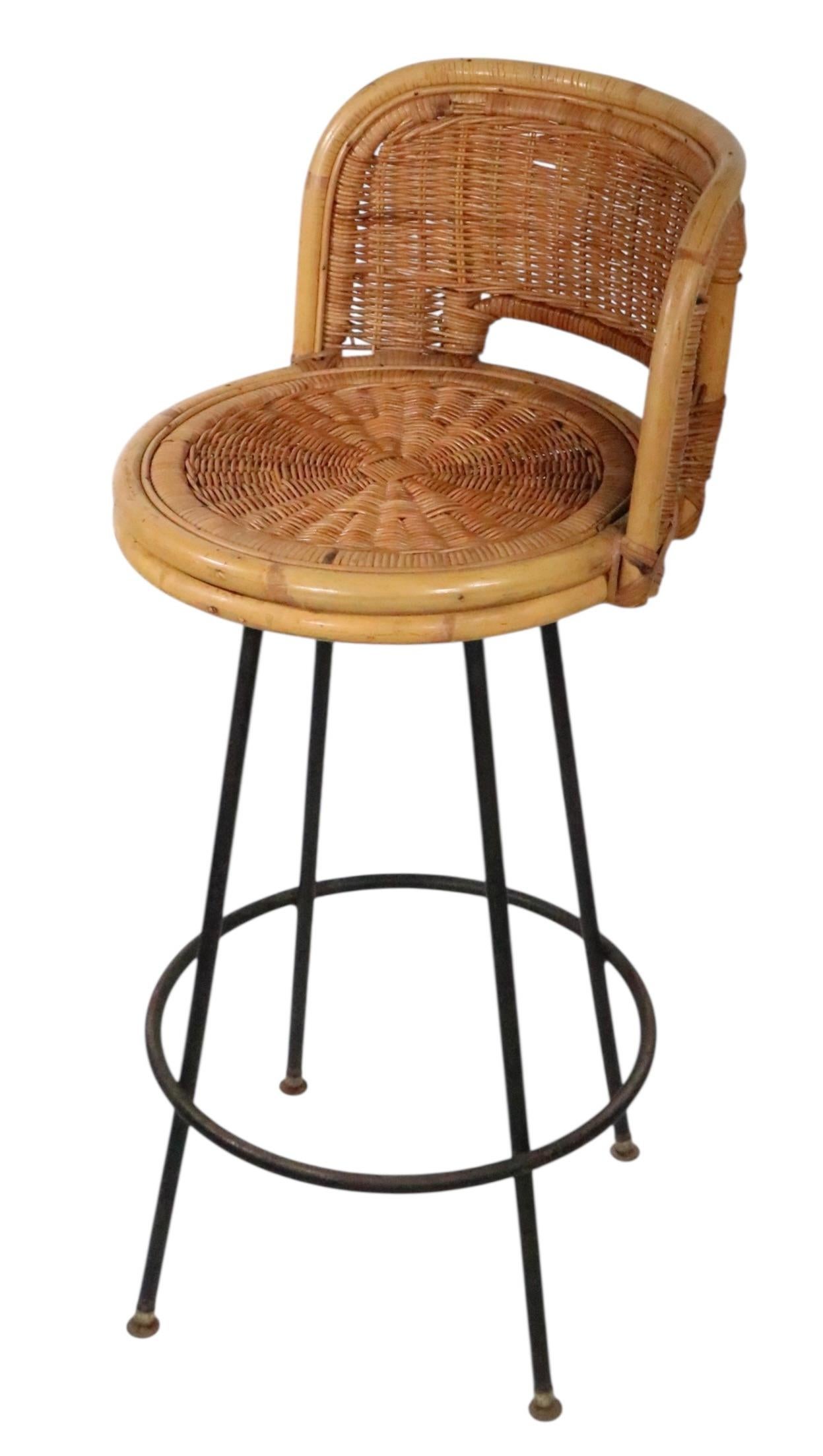 Set of Four Mid Century Bamboo and Iron  Swivel Bar Stools att. to Danny Ho Fong For Sale 10