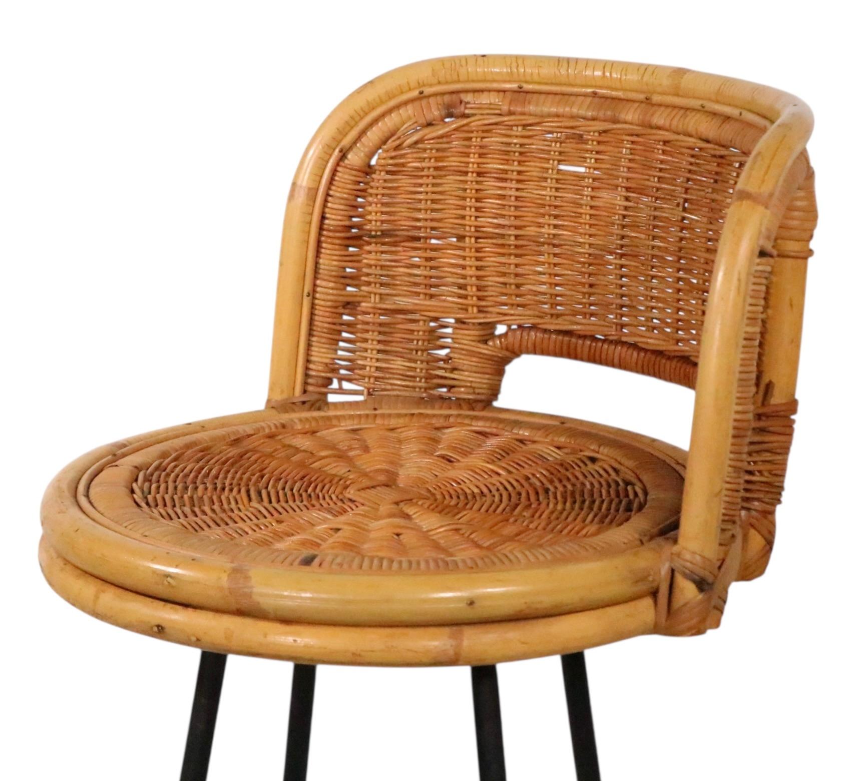 Set of Four Mid Century Bamboo and Iron  Swivel Bar Stools att. to Danny Ho Fong For Sale 11