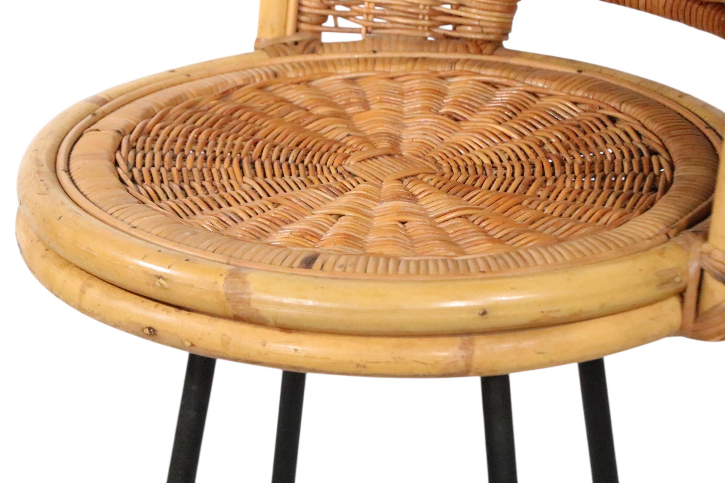 Set of Four Mid Century Bamboo and Iron  Swivel Bar Stools att. to Danny Ho Fong For Sale 12