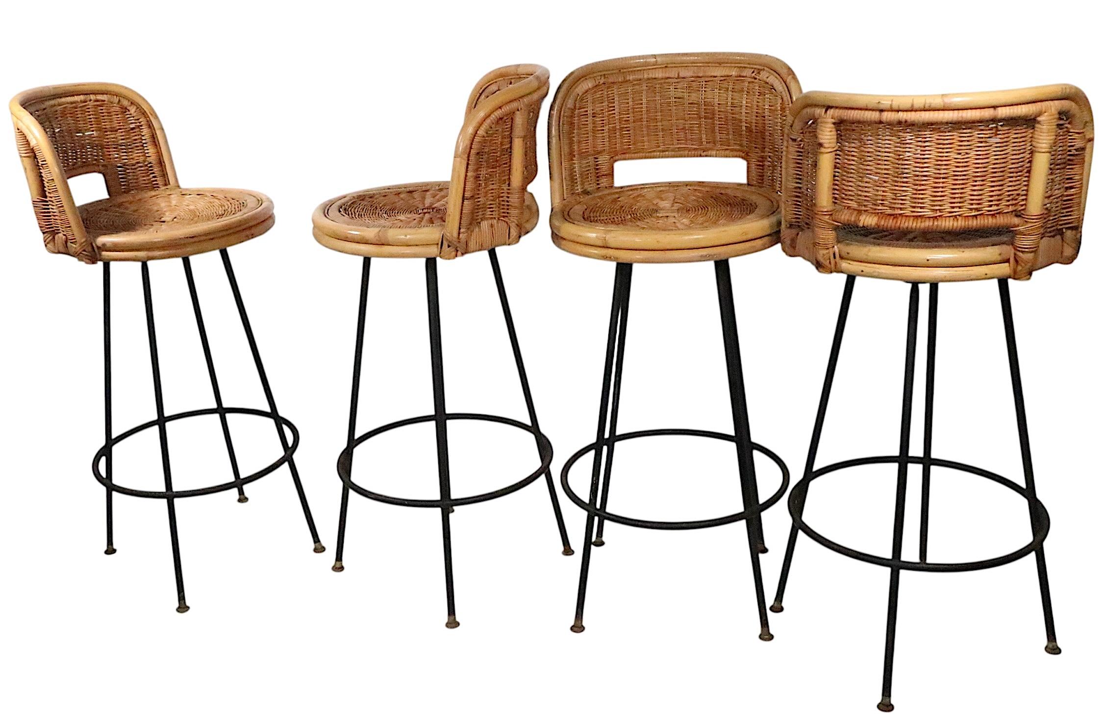 Mid-Century Modern Set of Four Mid Century Bamboo and Iron  Swivel Bar Stools att. to Danny Ho Fong For Sale