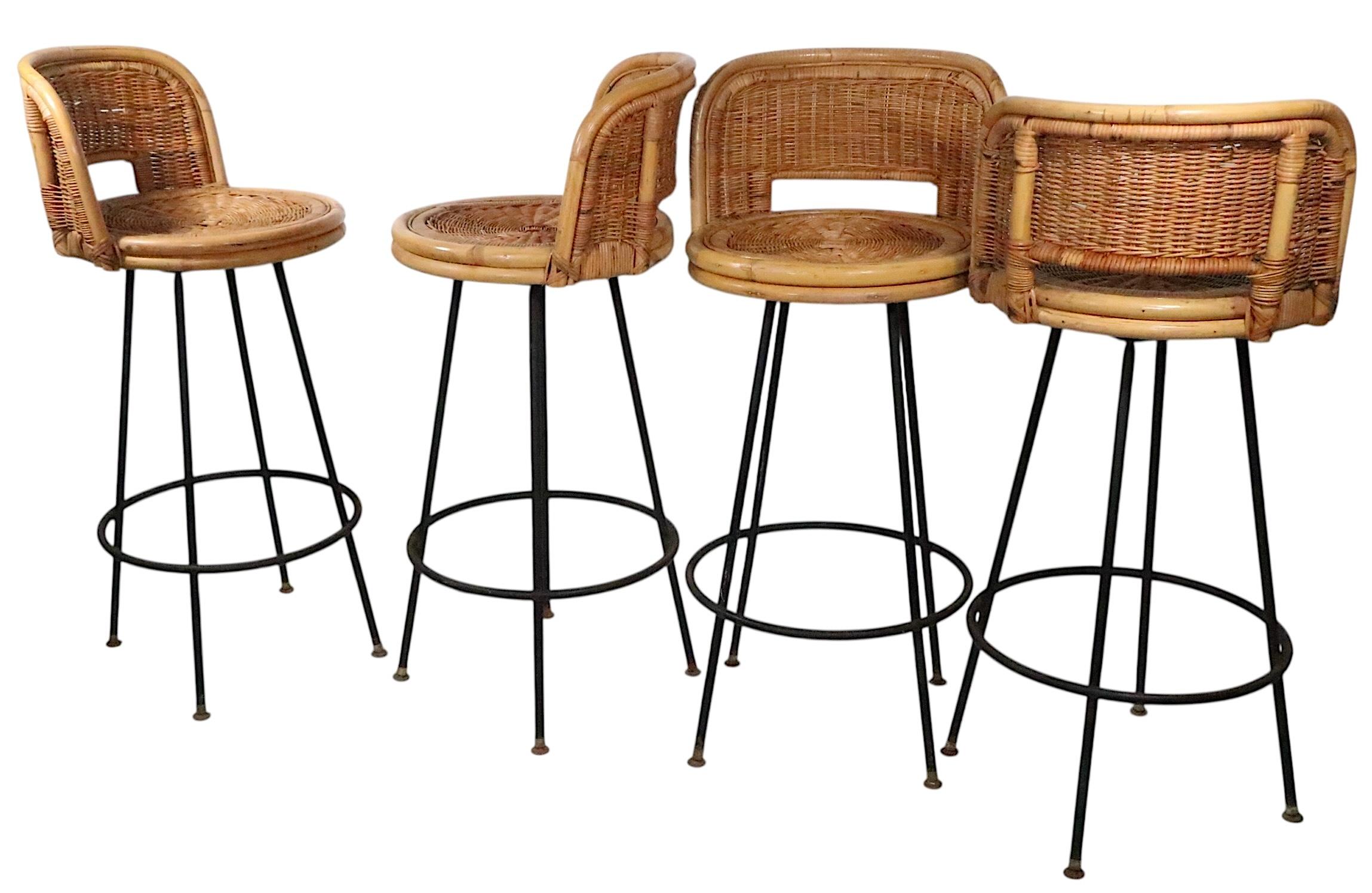 American Set of Four Mid Century Bamboo and Iron  Swivel Bar Stools att. to Danny Ho Fong For Sale