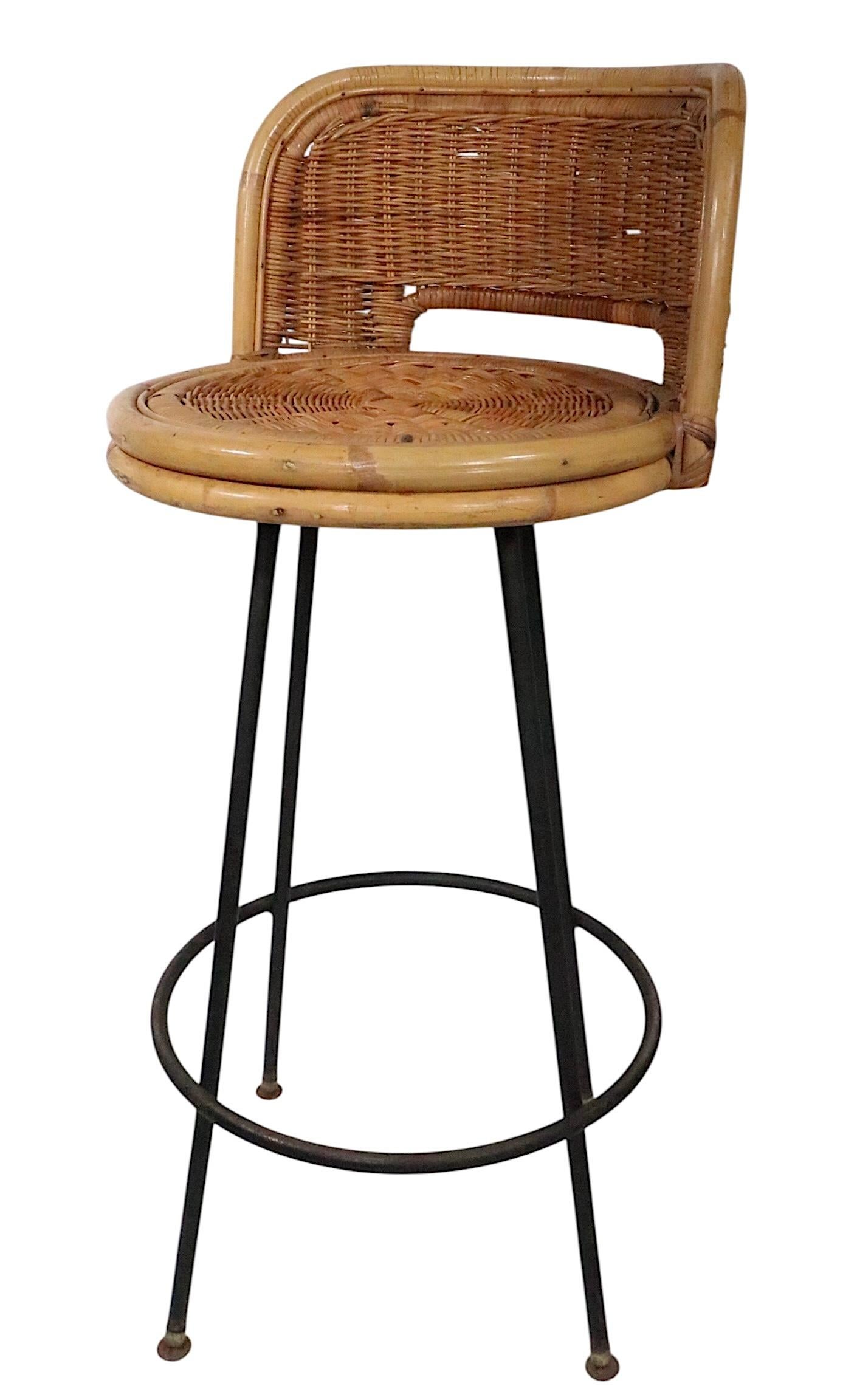20th Century Set of Four Mid Century Bamboo and Iron  Swivel Bar Stools att. to Danny Ho Fong For Sale