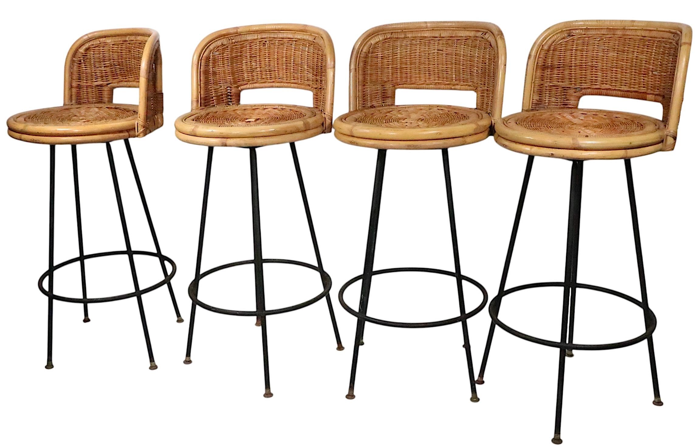 Metal Set of Four Mid Century Bamboo and Iron  Swivel Bar Stools att. to Danny Ho Fong For Sale