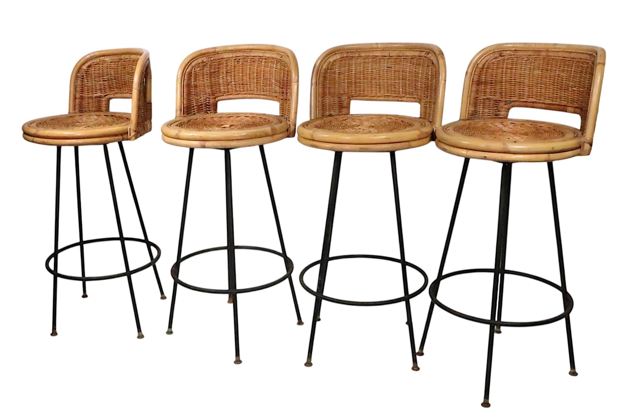 Set of Four Mid Century Bamboo and Iron  Swivel Bar Stools att. to Danny Ho Fong For Sale 1