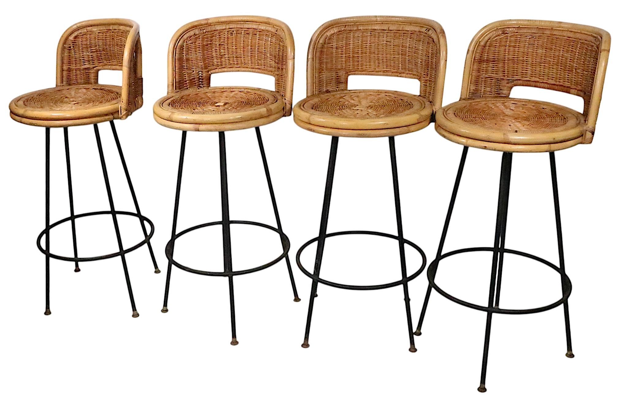 Set of Four Mid Century Bamboo and Iron  Swivel Bar Stools att. to Danny Ho Fong For Sale 2