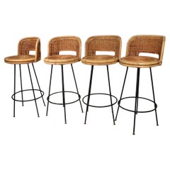 Set of Four Mid Century Bamboo and Iron  Swivel Bar Stools att. to Danny Ho Fong