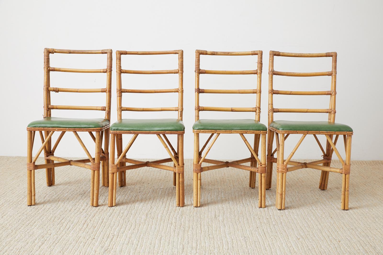 American Set of Four Midcentury Bamboo Rattan Dining Chairs