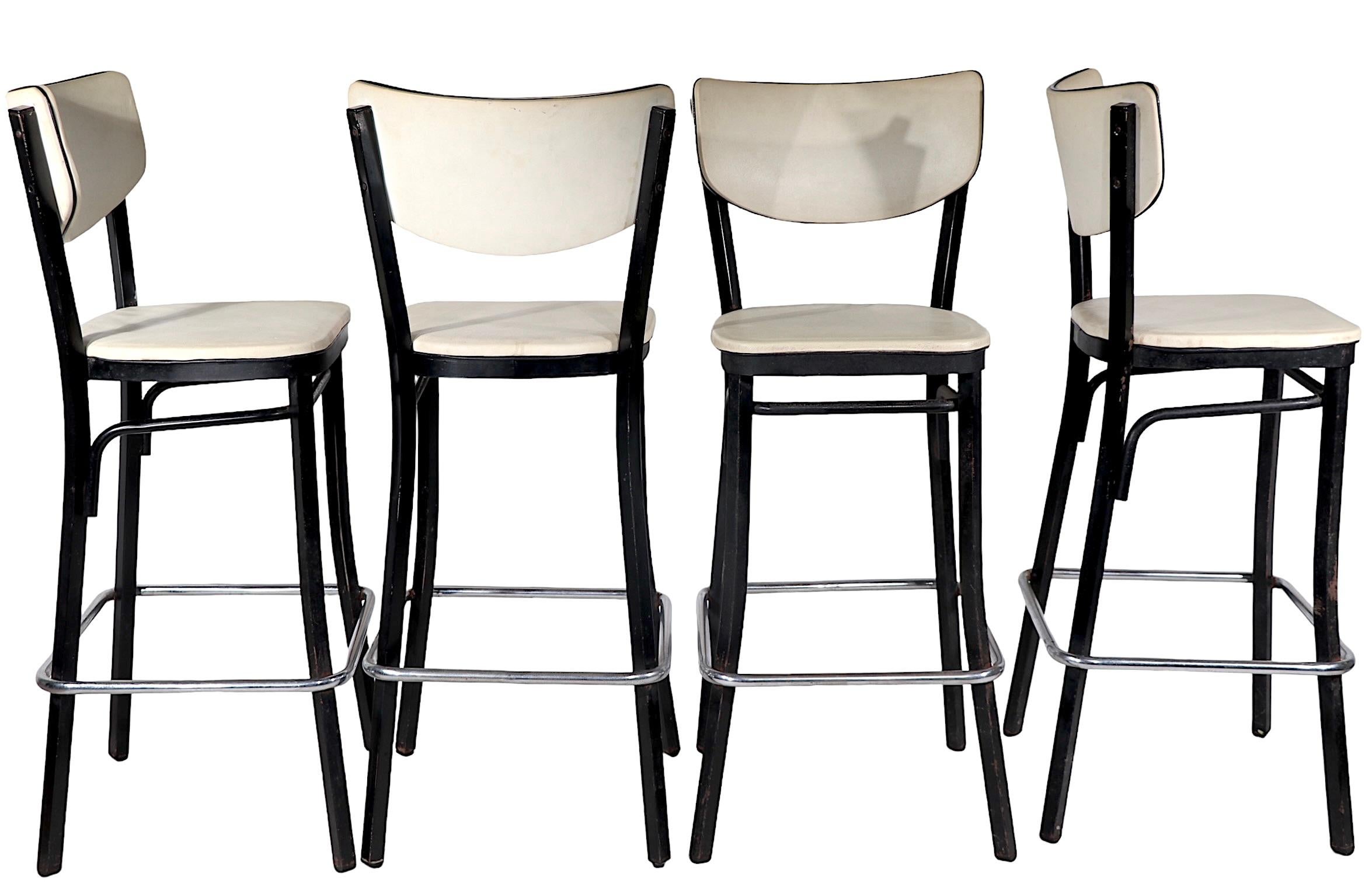 Upholstery Set of Four Mid Century Bar Stools by Finer Chrome Products Co. Inc. c 1950/1960 For Sale