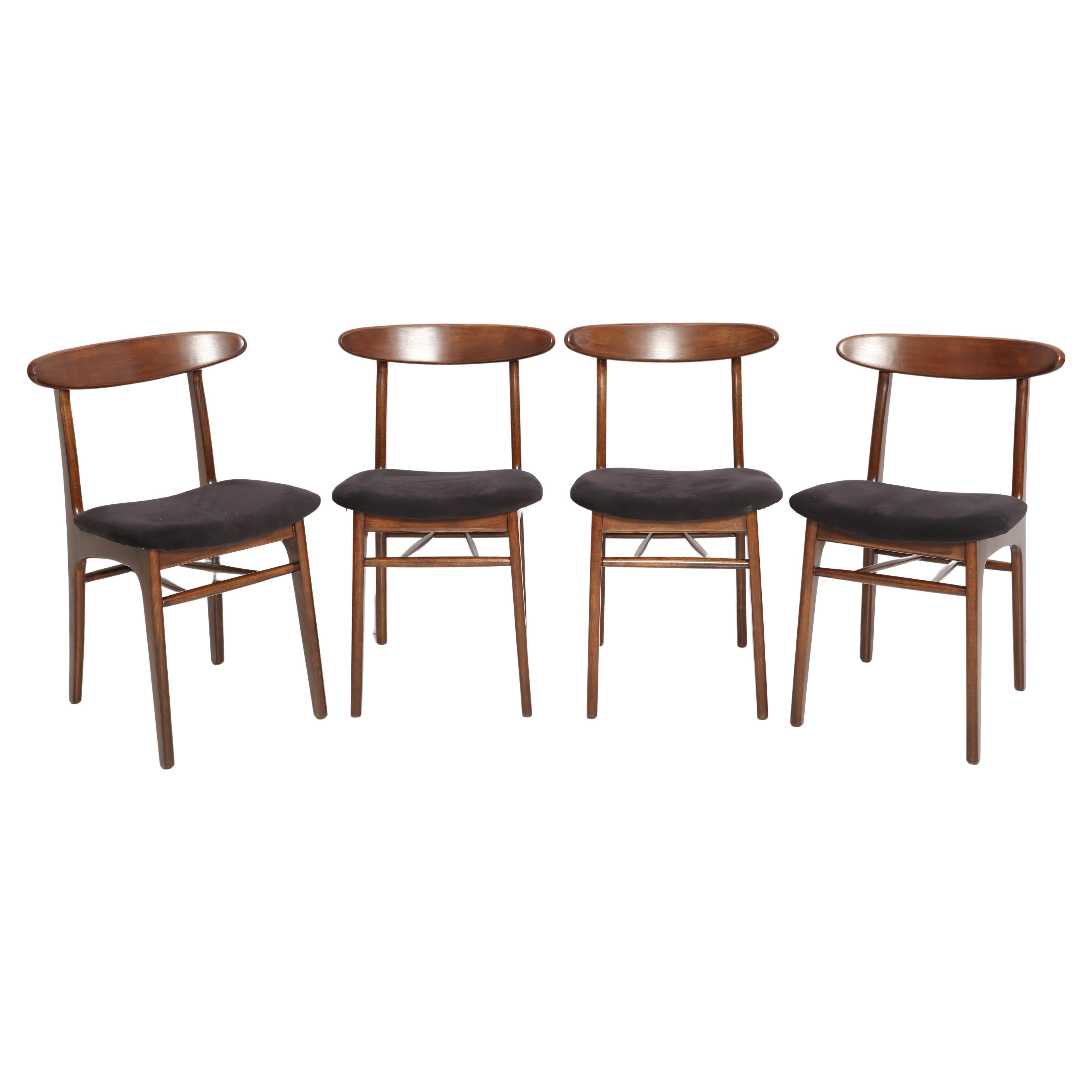 Set of Four Mid Century Black Velvet Chairs, by Rajmund Halas, Poland, 1960s For Sale
