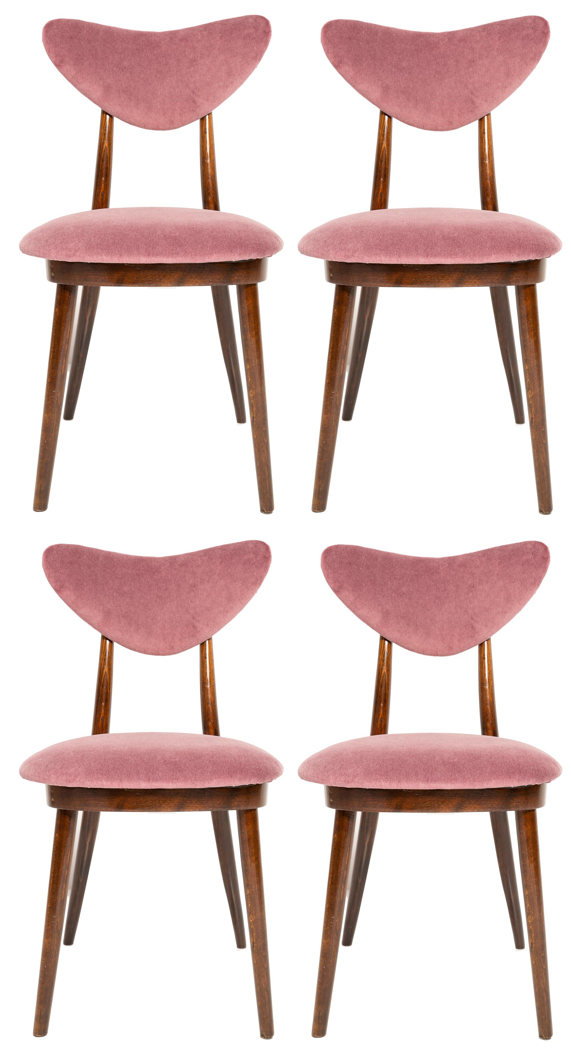Polish Set of Four Mid Century Burgundy Cotton-Velvet Heart Chairs, Europe, 1960s For Sale