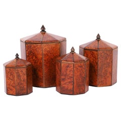 Set of Four Mid-Century Burled Walnut Lidded Containers