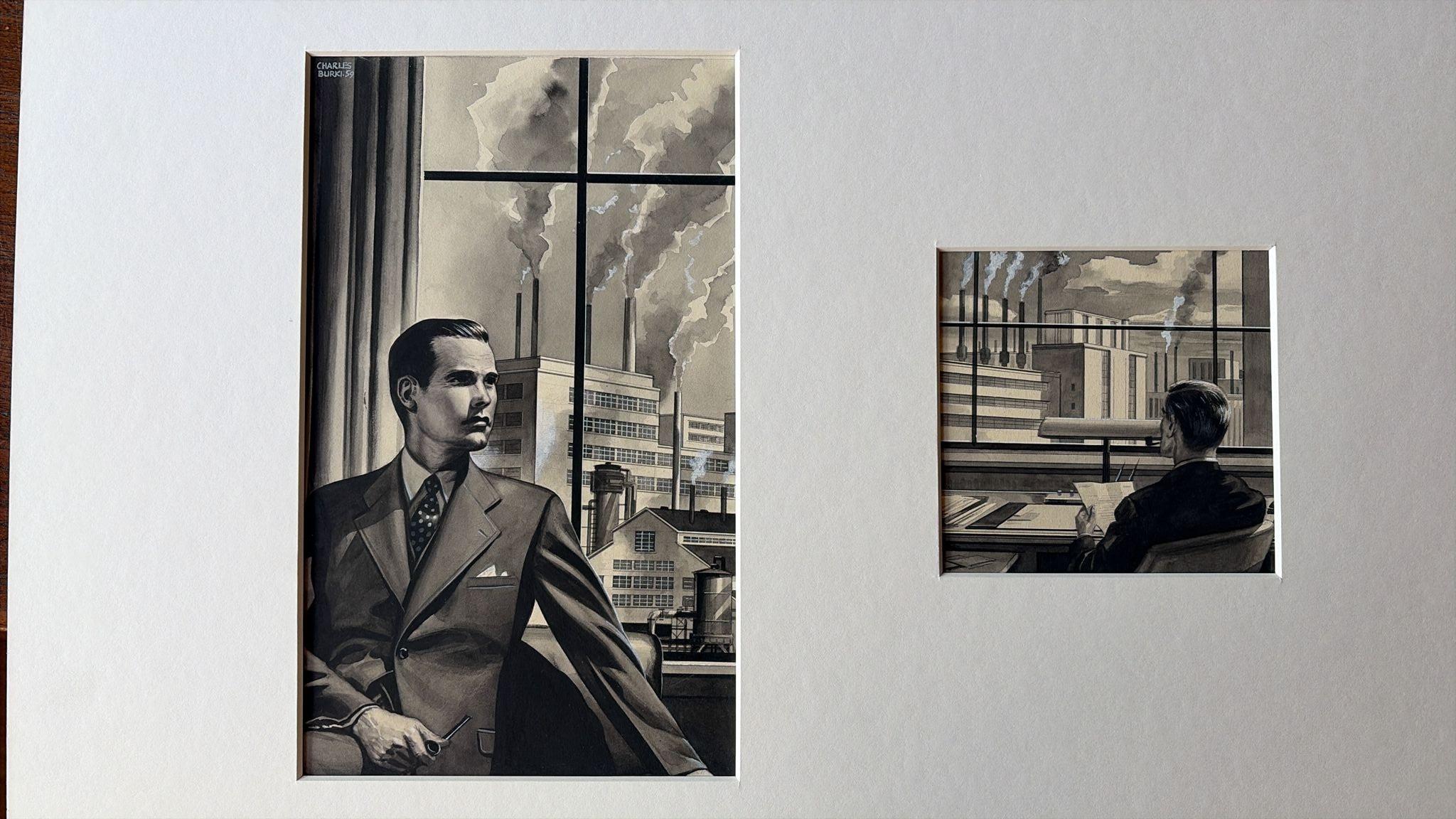 Satz von vier Business-Illustrationen aus der Mitte des Jahrhunderts - Charles Burki, 1956-1964 (Niederländisch) im Angebot