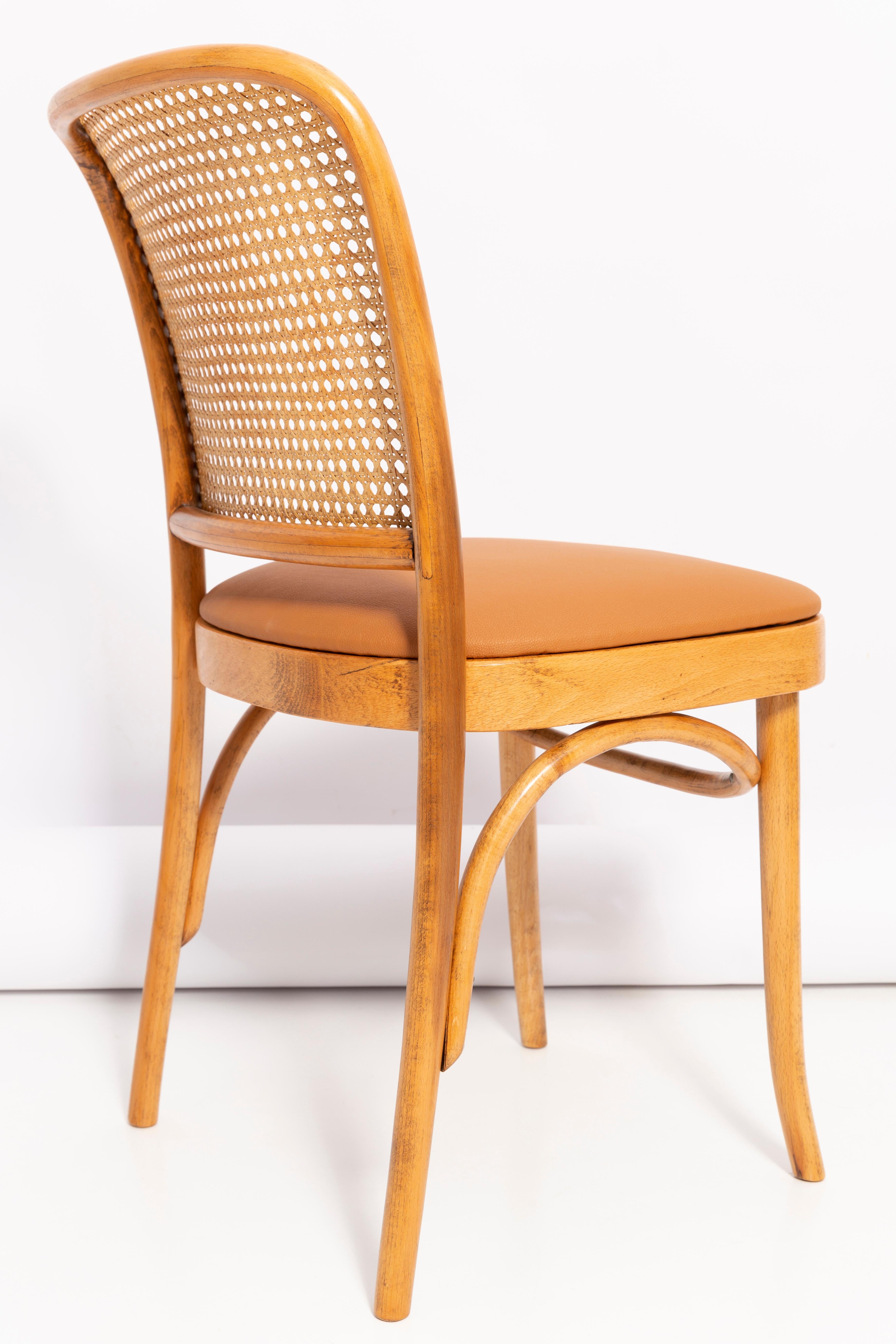 Fait main Ensemble de quatre chaises mi-siècle en faux cuir camel et rotin Thonet Wood, années 1960 en vente