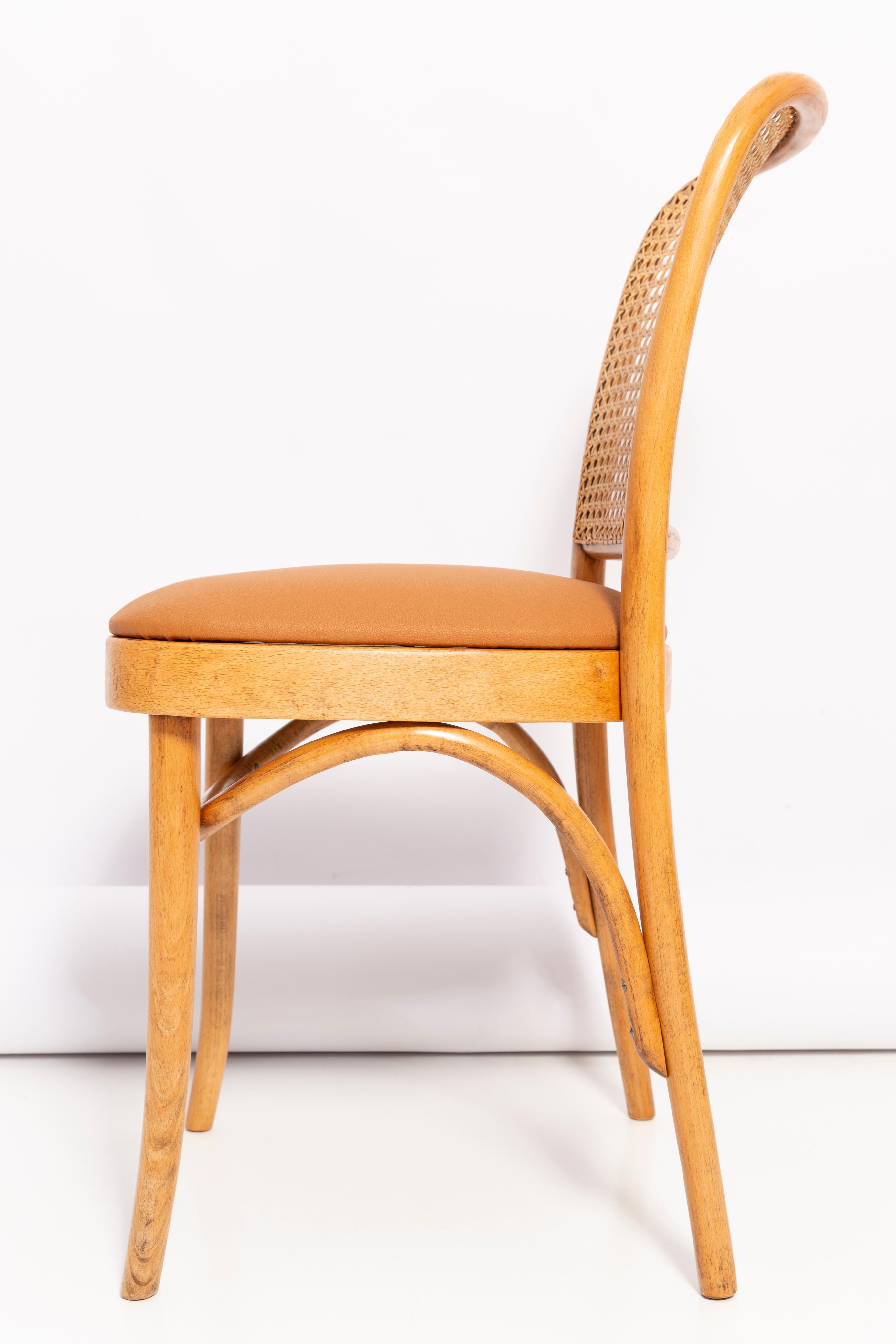 20ième siècle Ensemble de quatre chaises mi-siècle en faux cuir camel et rotin Thonet Wood, années 1960 en vente