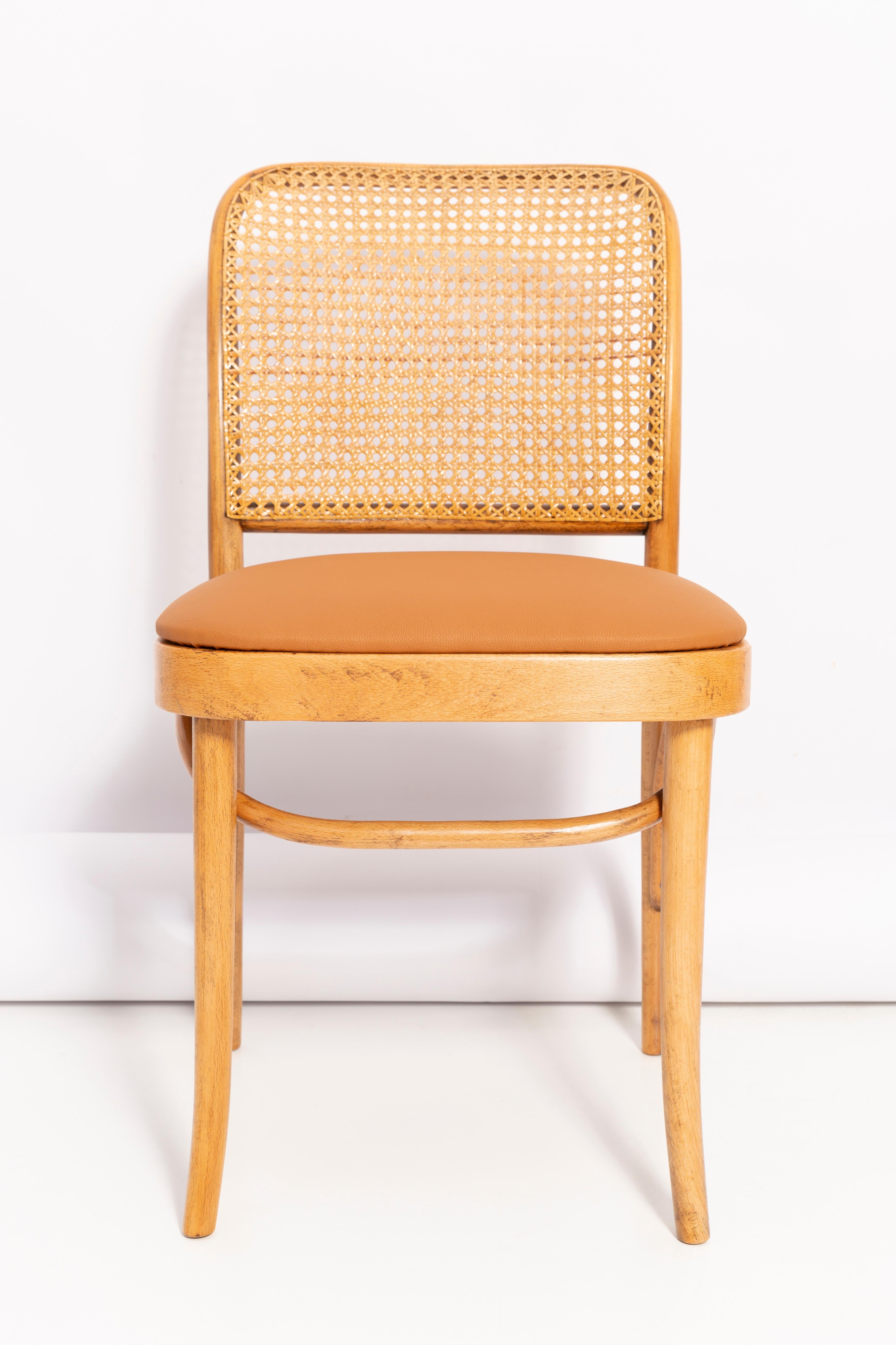 Set of Four Mid-Century Camel Faux Leather Thonet Wood Rattan Chairs, 1960s For Sale 1