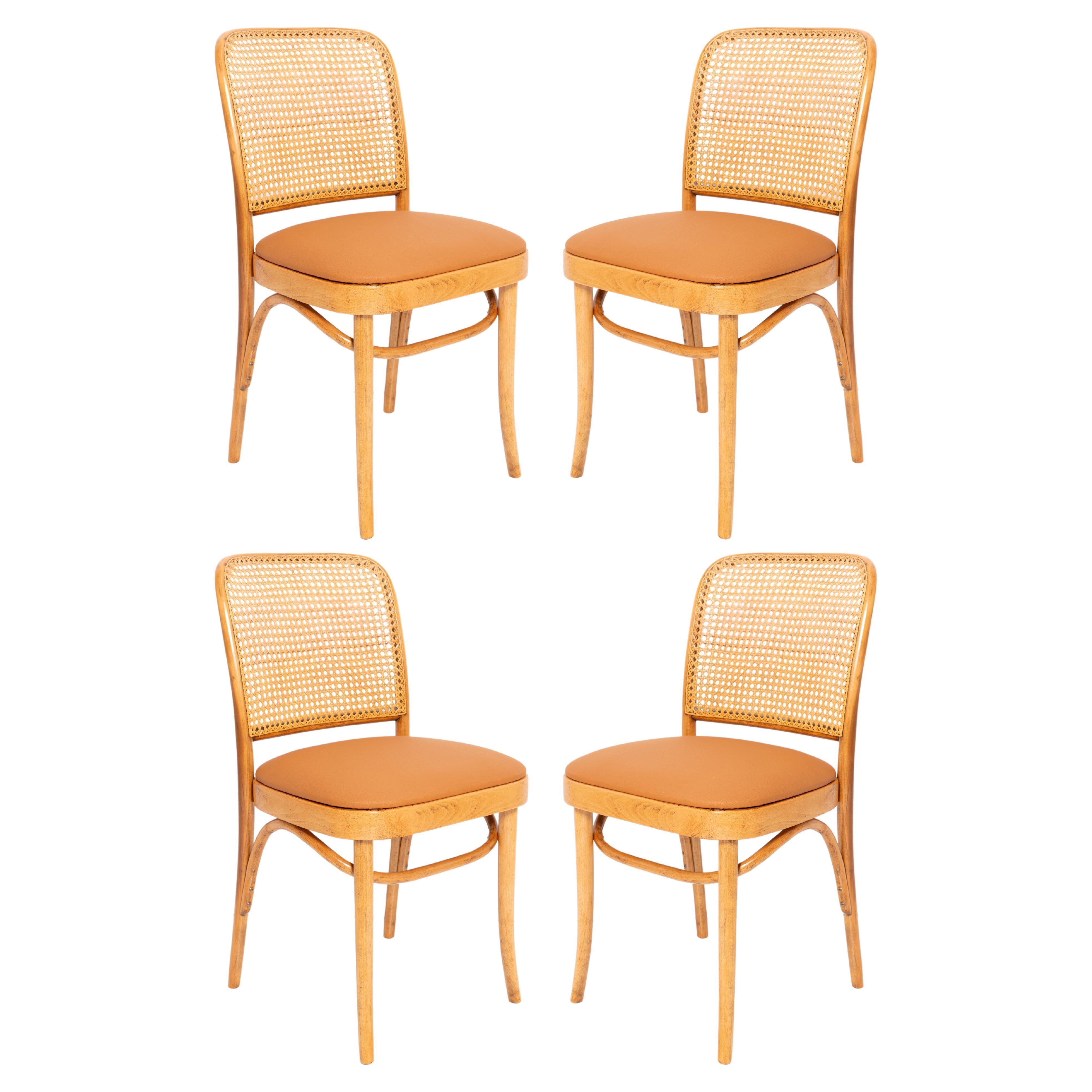 Set of Four Mid-Century Camel Faux Leather Thonet Wood Rattan Chairs, 1960s
