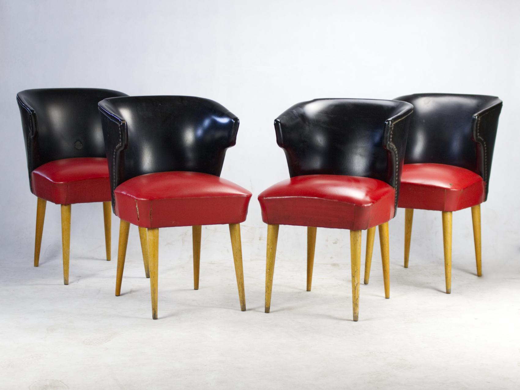 Theese chairs were used in the Nador café in Budapest during the 1960s and 1970s. Chairs were made in Hungary in the 1960s. Frame and the legs are made of beech and the upholstery is red and black leatherette. Signs of wear caused by years of use in