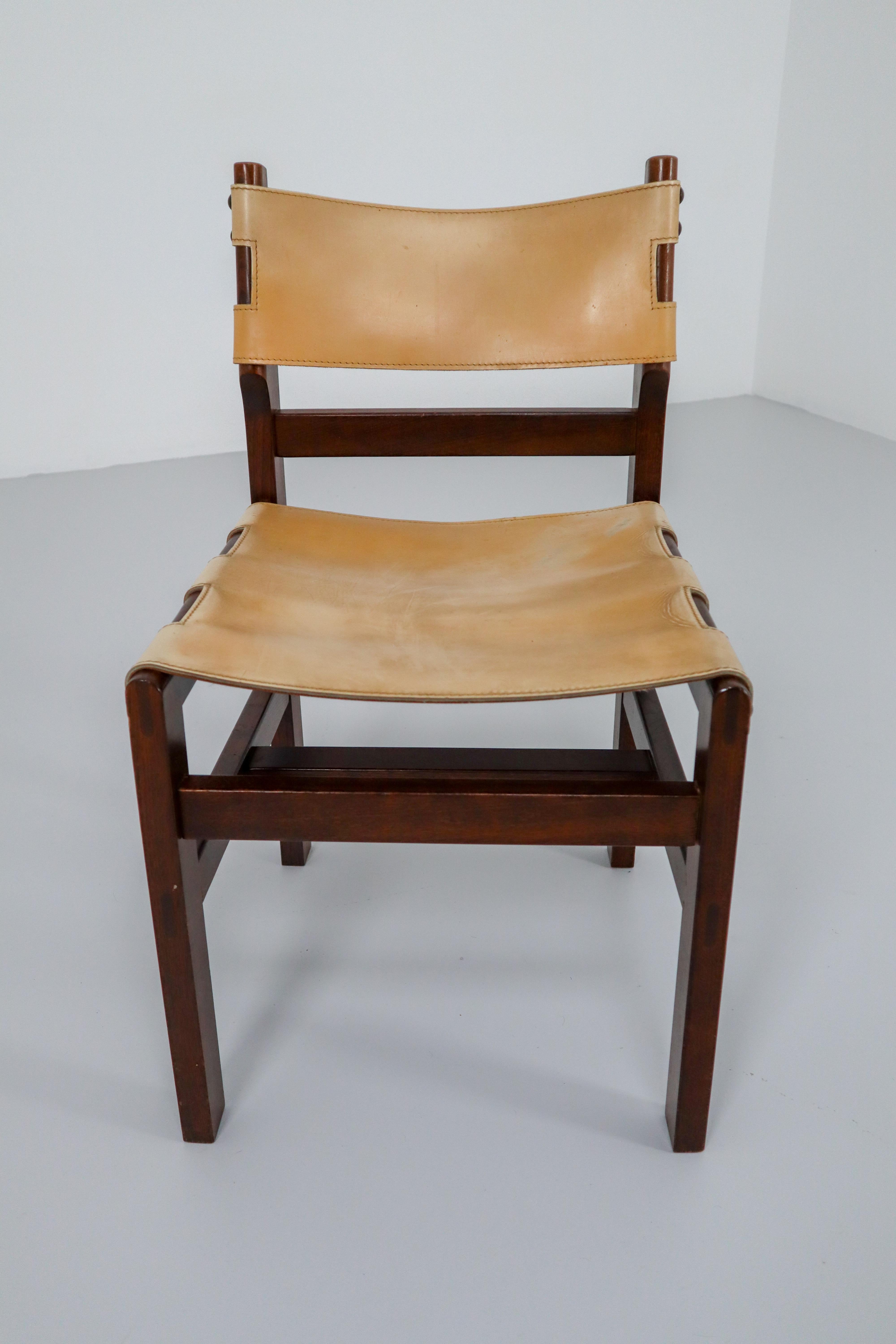 French Provincial Set of Four Midcentury Chairs in Beech and Leather, France, 1960s