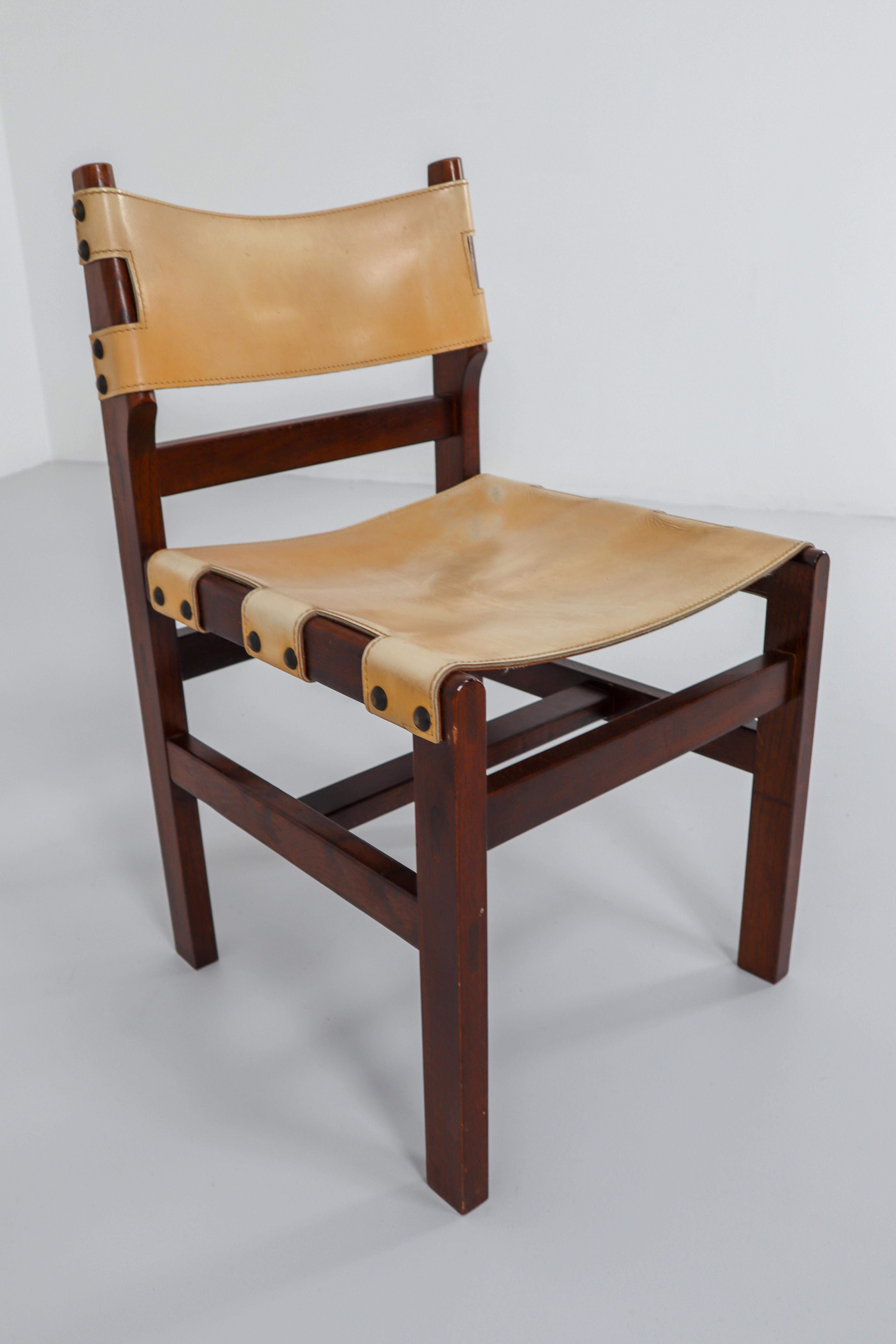 French Set of Four Midcentury Chairs in Beech and Leather, France, 1960s