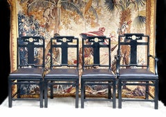 Set of Four Mid Century Charcoal Gray Leather Chinoisserie Dining Chairs