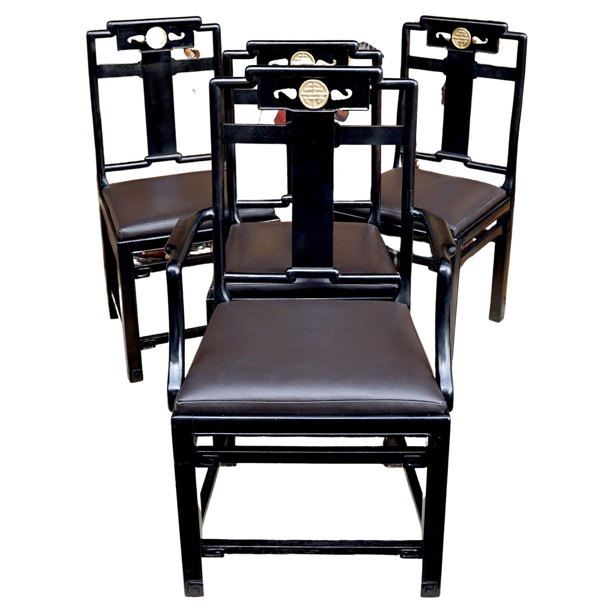 Set of Four Mid Century Charcoal Gray Leather Chinoisserie Dining Chairs For Sale