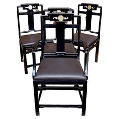 Set of Four Mid Century Charcoal Gray Leather Chinoisserie Dining Chairs