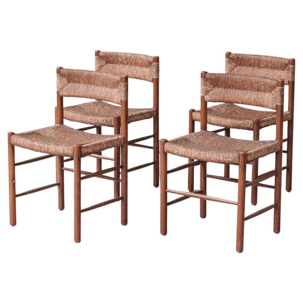 Set of Four Mid-Century Charlotte Perriand 'Dordogne' Rush Dining Chairs For Sale