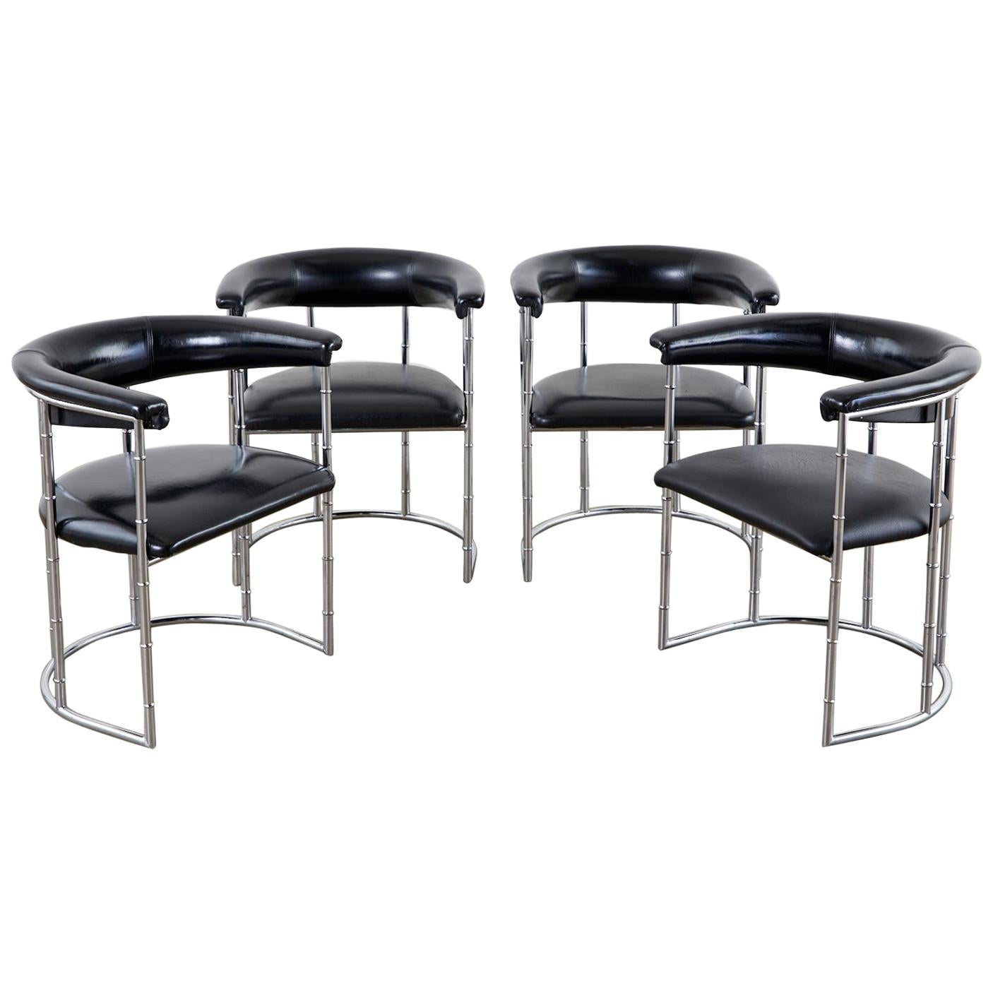 Set of Four Midcentury Chrome Faux Bamboo Barrel Chairs For Sale