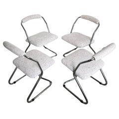 Retro Set of Four Mid-Century Chromed Dining Chairs in White Dedar Milano Fabric