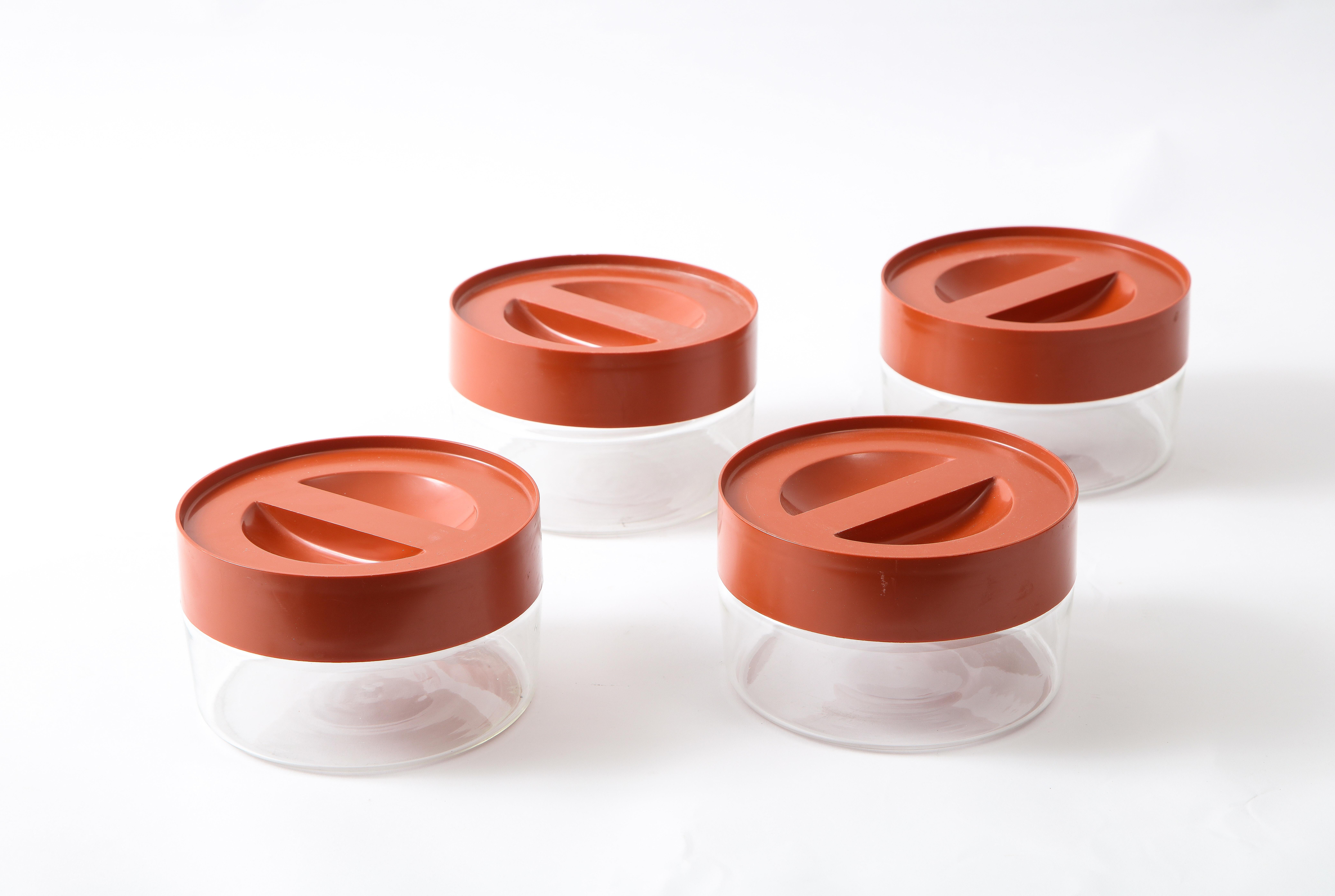 Set of Four Mid-Century Stackable Storage Containers with Burnt Orange Lids For Sale 1
